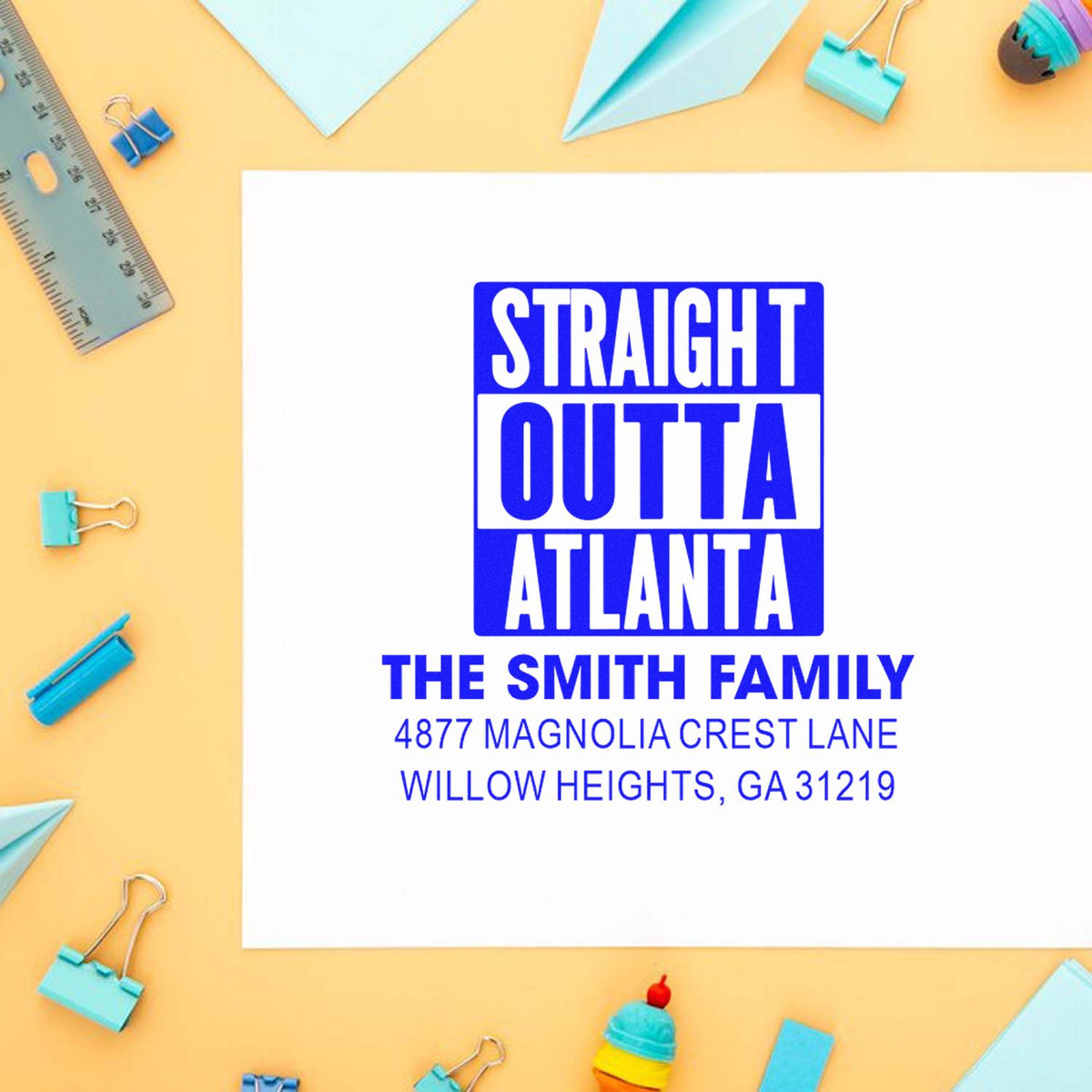 Custom rubber address stamp with Straight Outta Atlanta design, personalized for The Smith Family in Willow Heights, GA.