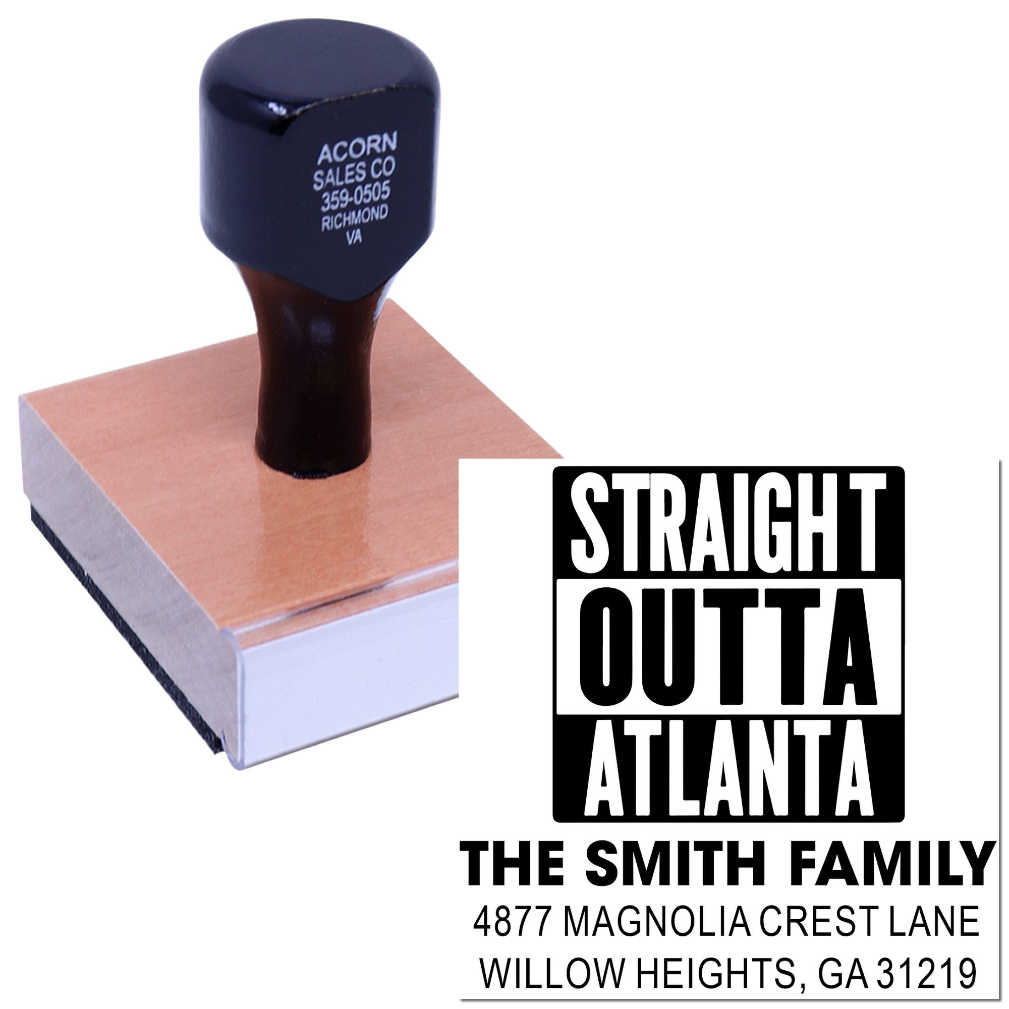 Custom Straight Outta Atlanta family address rubber stamp for personalized mail, crafts, and home labeling.