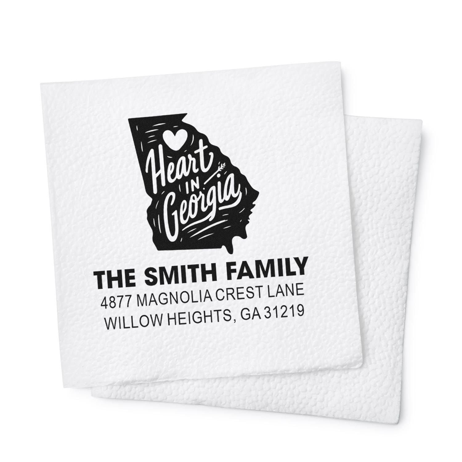 Personalized return address rubber stamp with Heart in Georgia design for The Smith Family, Willow Heights, GA.