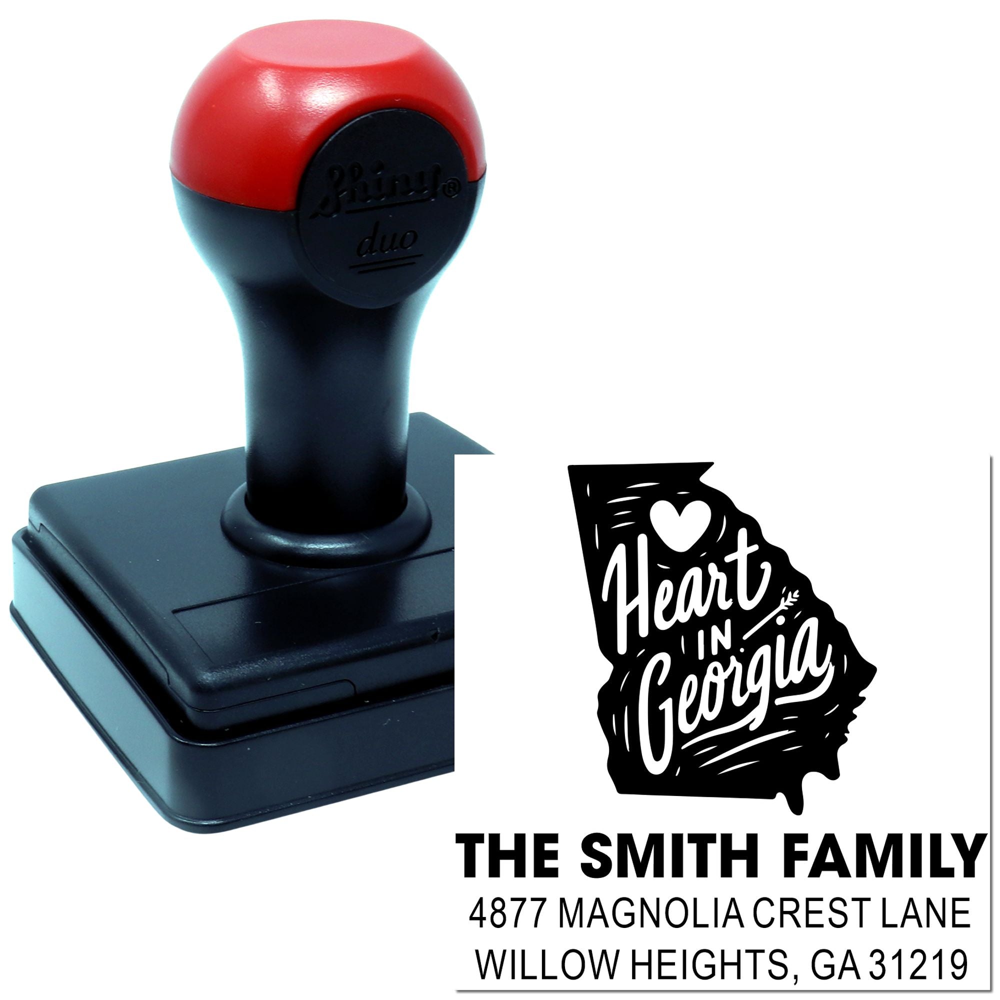 Custom self-inking rubber stamp with Heart in Georgia return address design for family mail and personalized address labels.