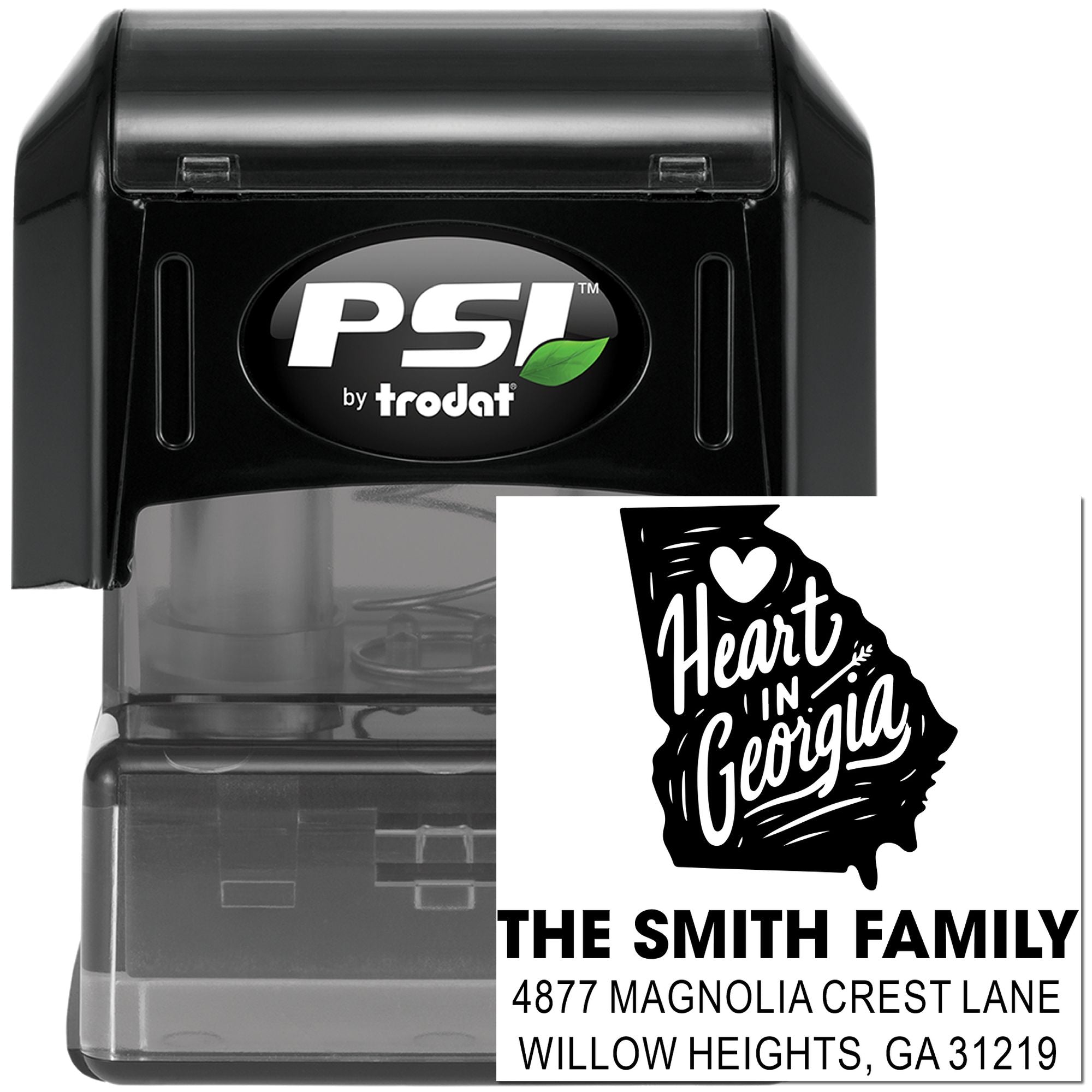 Custom self-inking rubber stamp with Heart in Georgia design and The Smith Family return address.