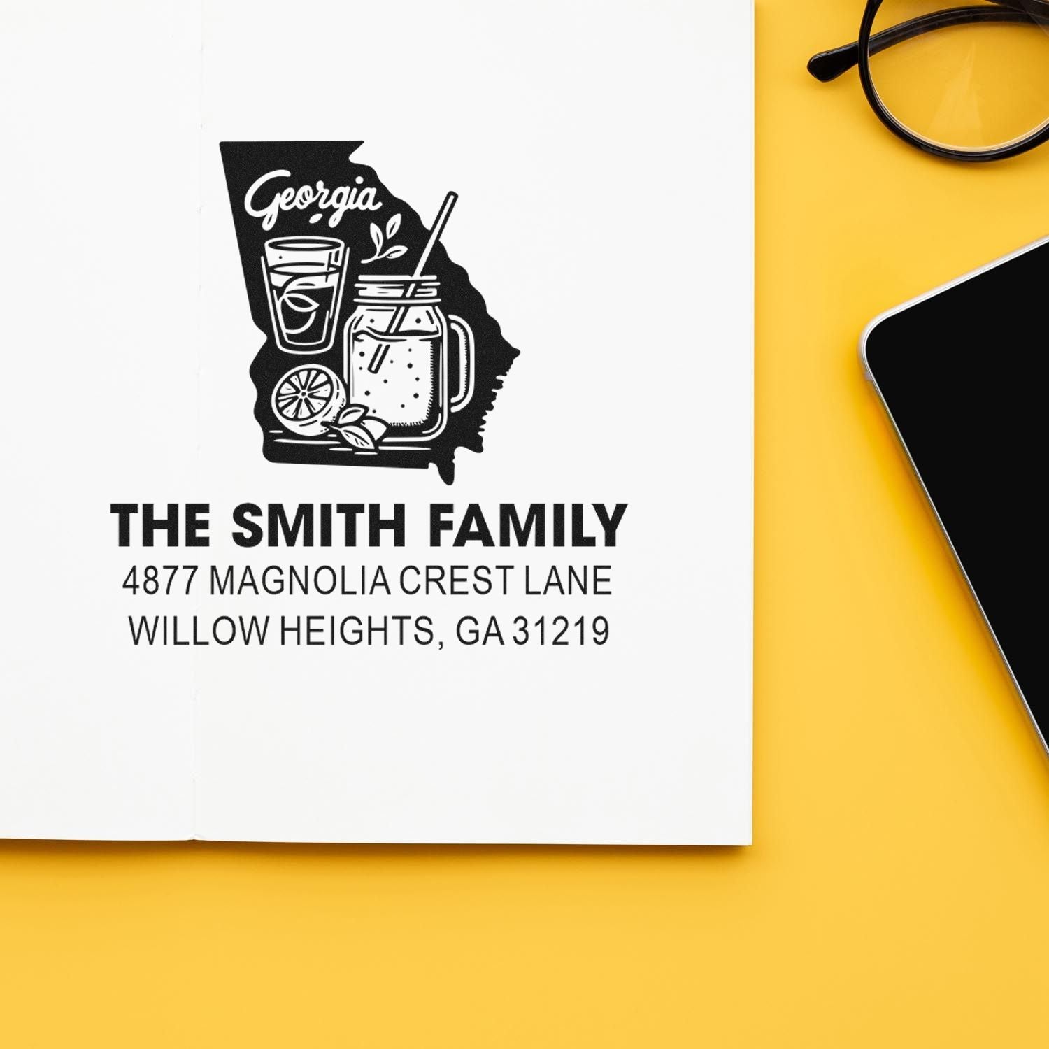 Custom return address rubber stamp for the Smith family, Georgia state design with address imprint.