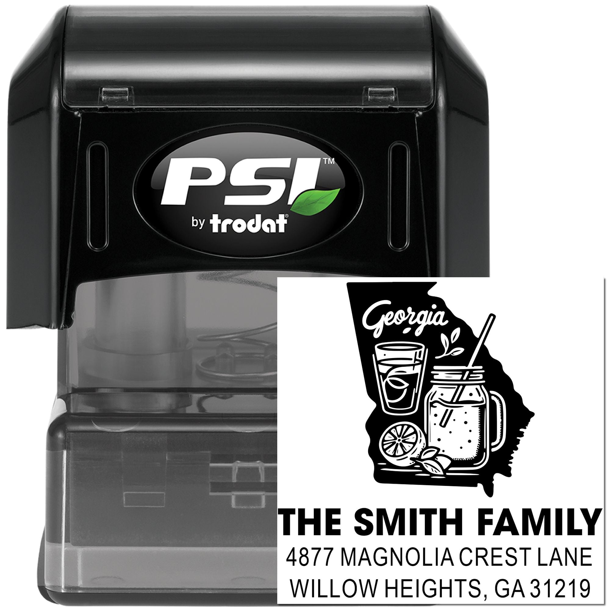Custom self-inking family address stamp with Georgia state design and personalized return address.