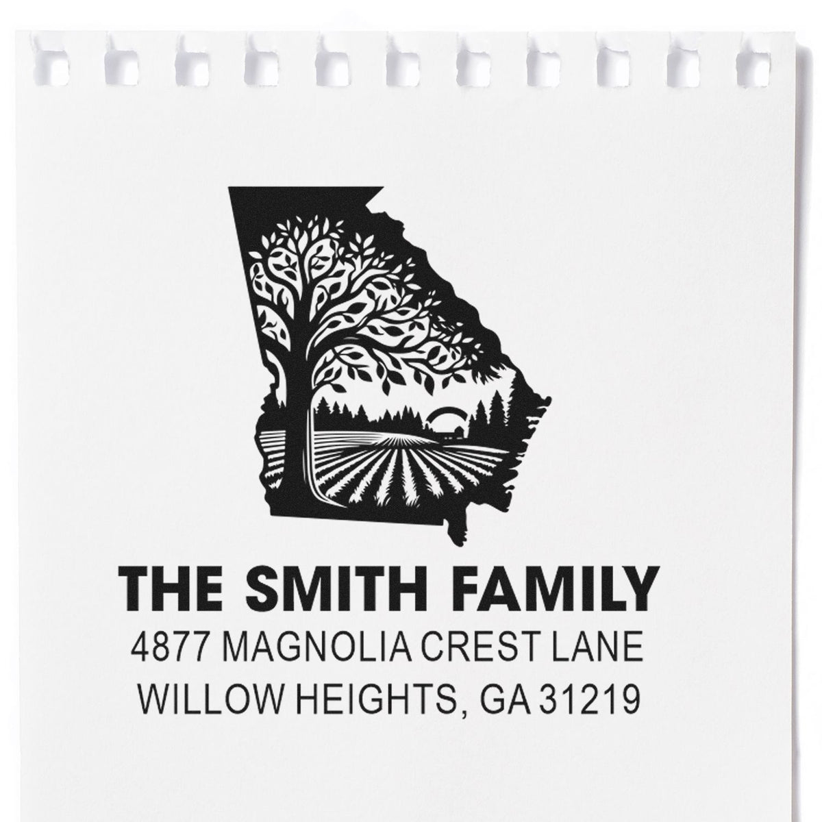 Personalized Georgia return address rubber stamp with family name, street address, and scenic tree and farm design.