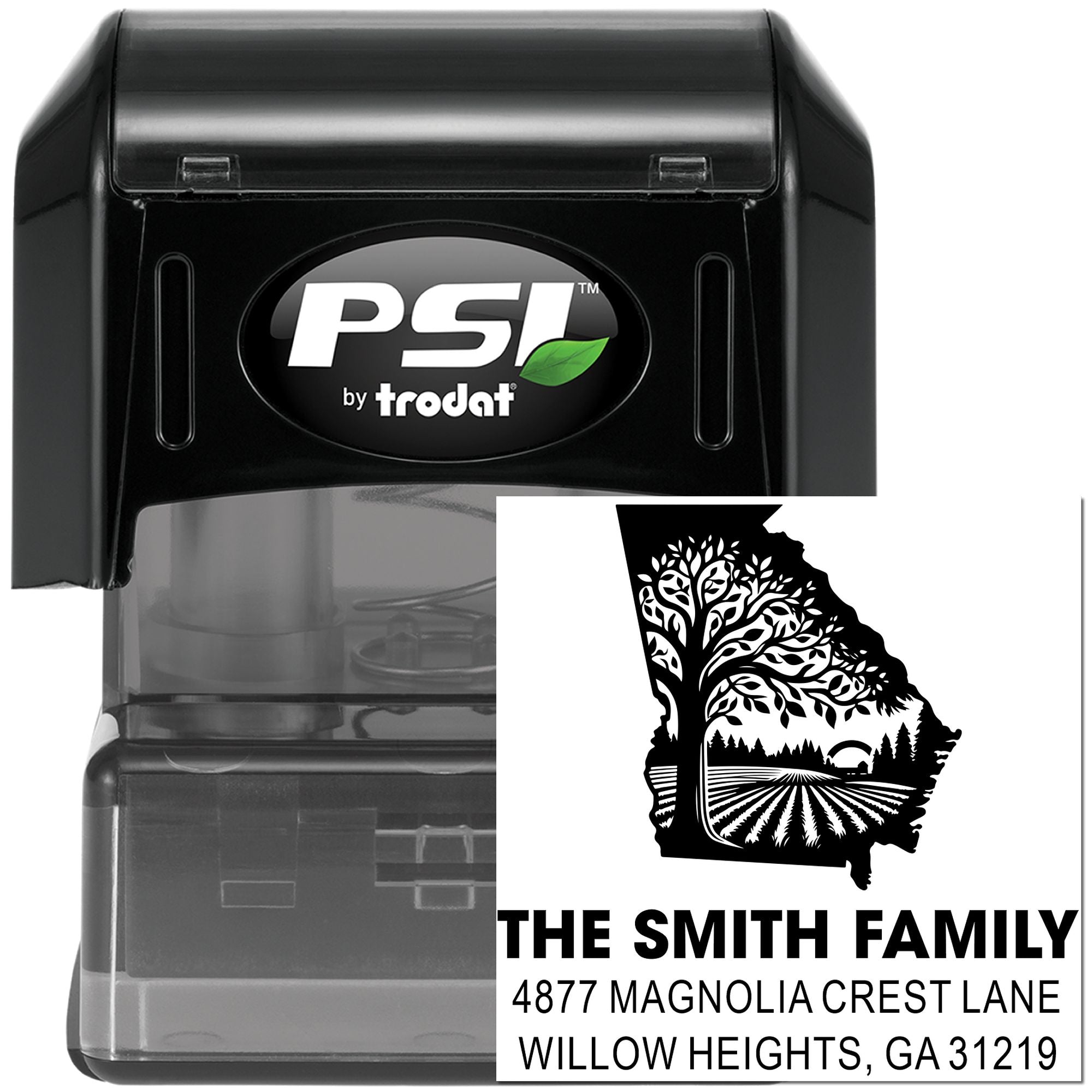PSI by Trodat self-inking custom address rubber stamp with family name and Georgia return address design