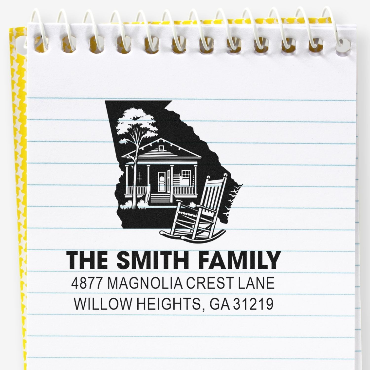 Custom Georgia address rubber stamp for The Smith Family with house, rocking chair and personalized street address.