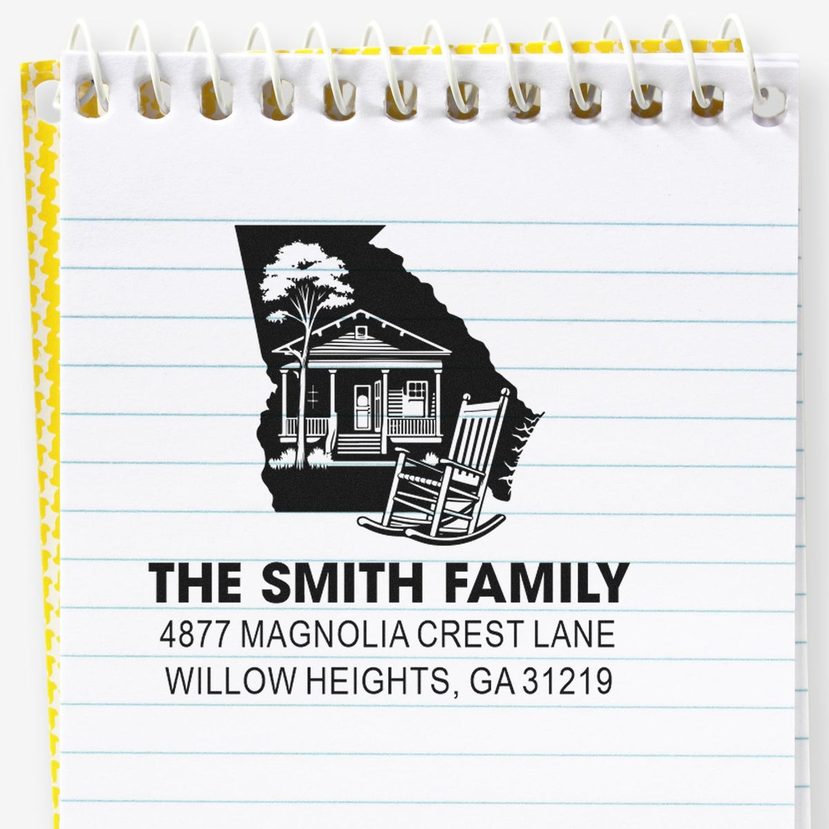 Custom return address rubber stamp with Georgia home silhouette, rocking chair, and The Smith Family address.