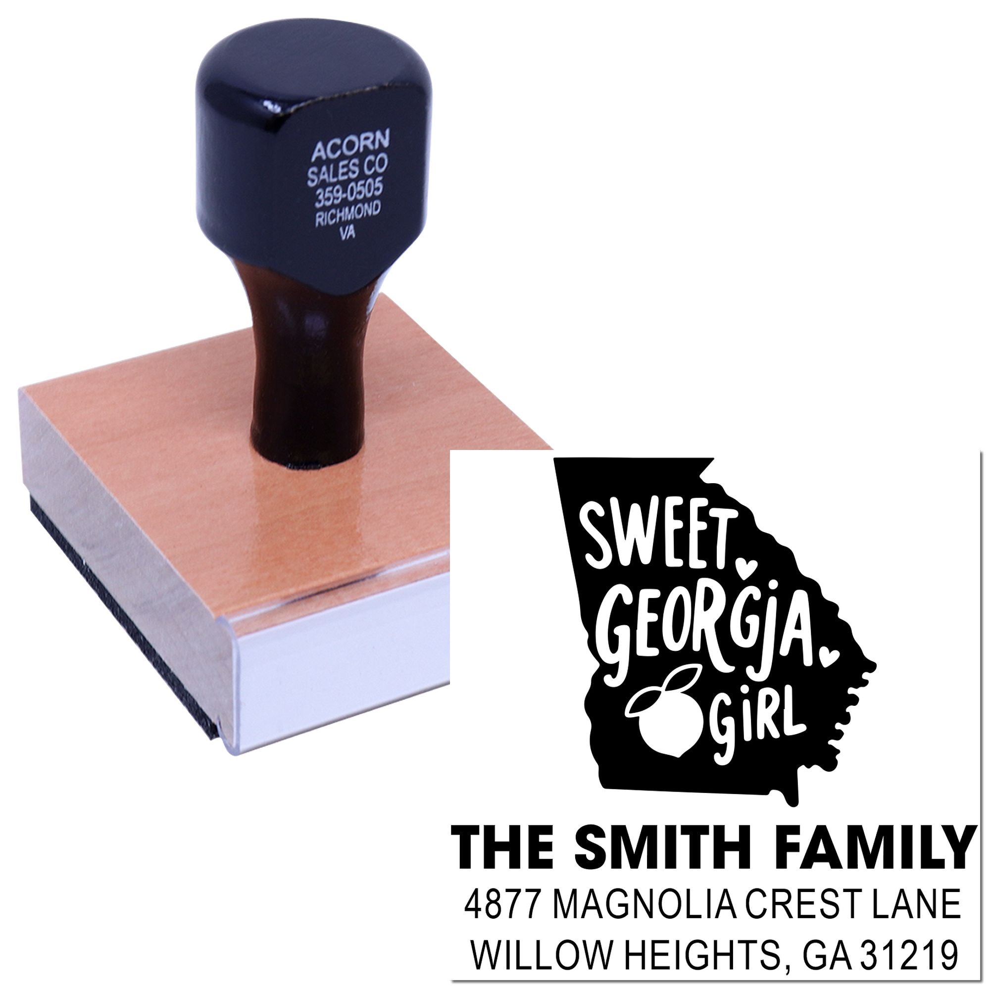 Custom self-inking rubber stamp with personalized return address and Georgia family design for mailing and crafts