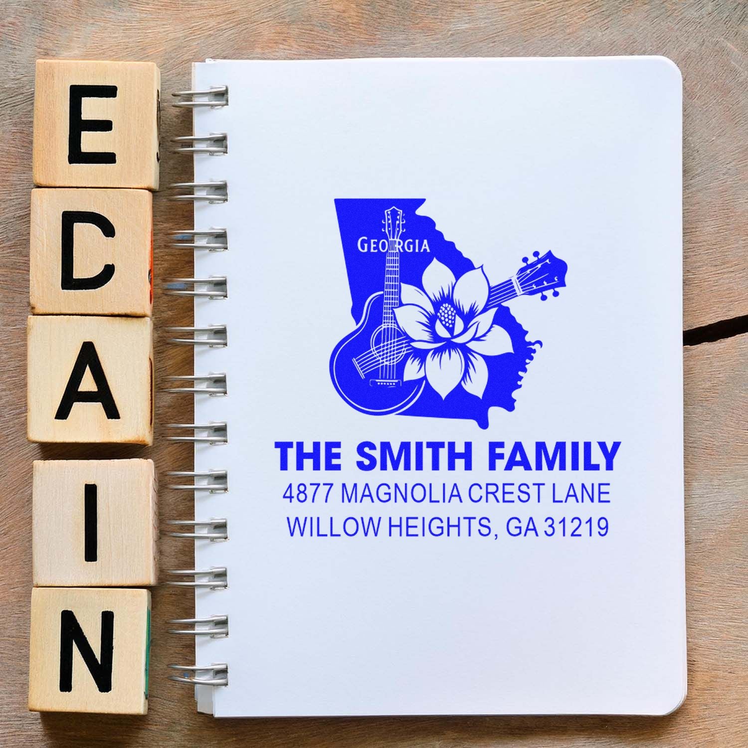 Custom Georgia family return address rubber stamp with guitar and magnolia design for The Smith Family.