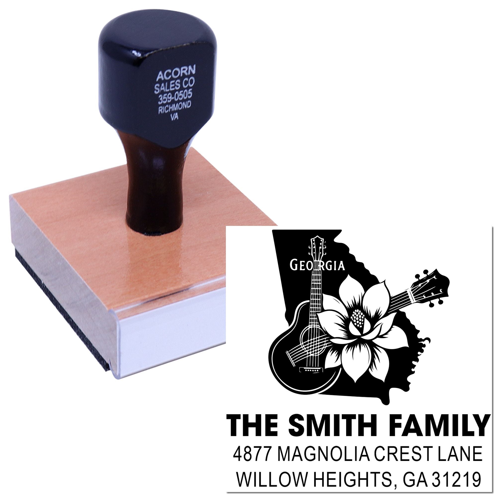 Custom return address rubber stamp with Georgia family design for personalized mailing and stationery.