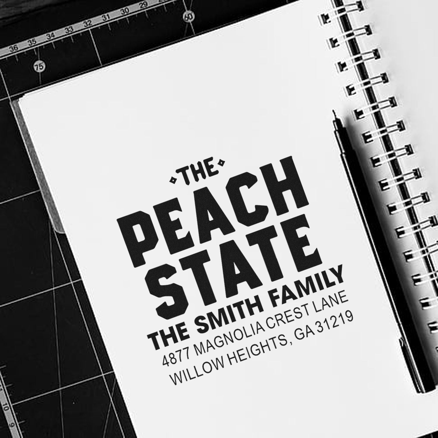 Custom Peach State family address rubber stamp for personalized mailings and stationery