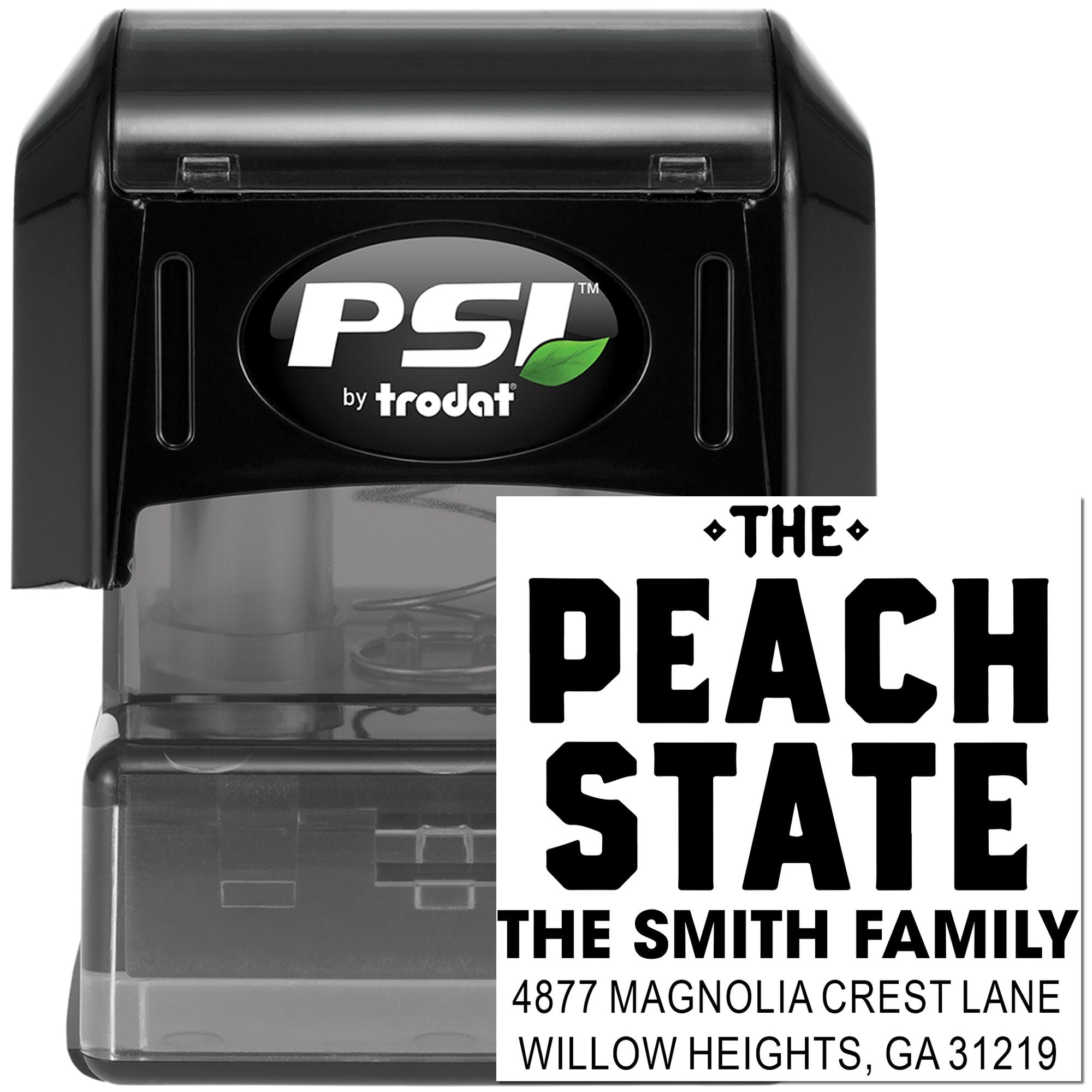 Custom self-inking address rubber stamp for The Smith Family, featuring Peach State design and return mailing address