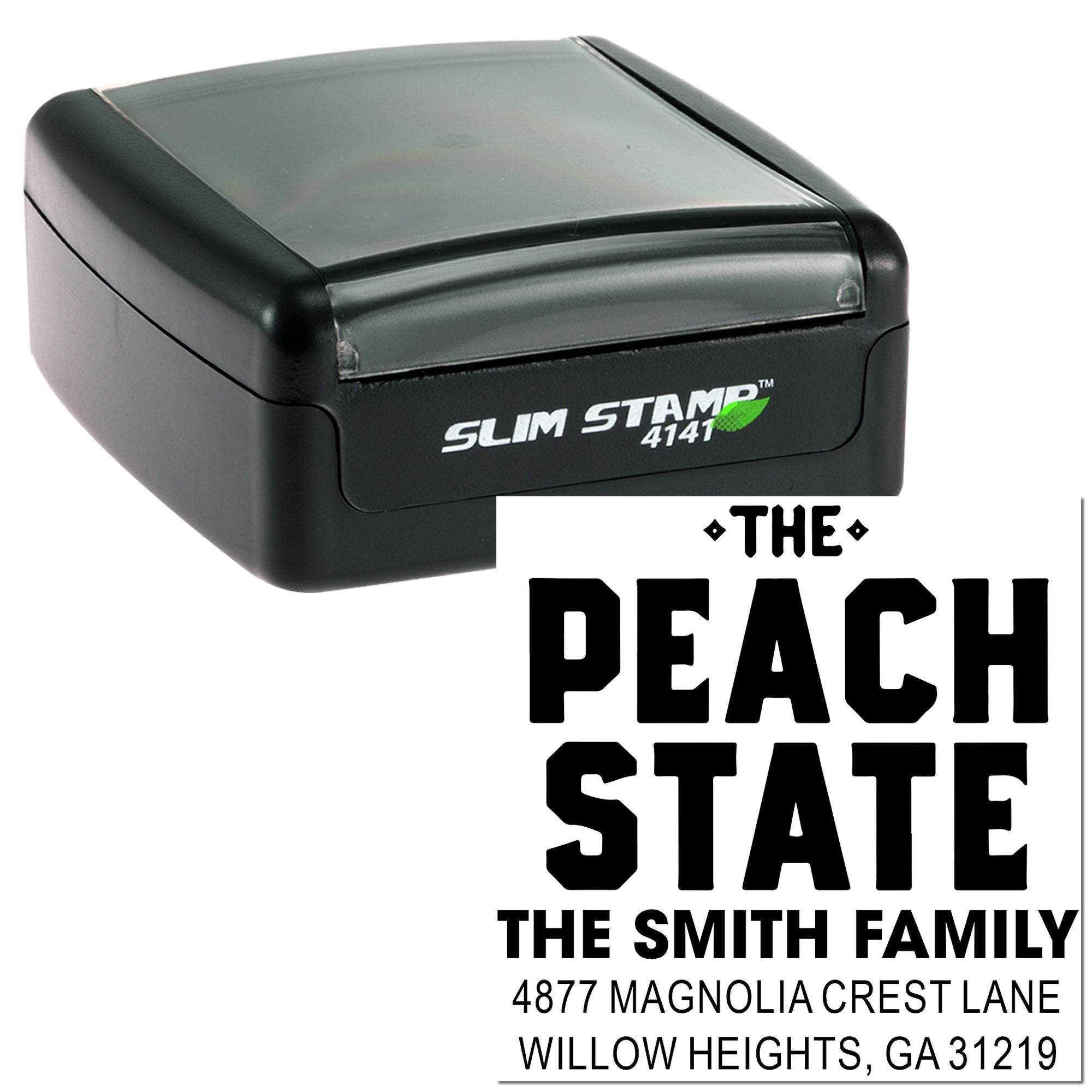 Custom self-inking address rubber stamp sample for The Peach State, featuring The Smith Family and Georgia return address.