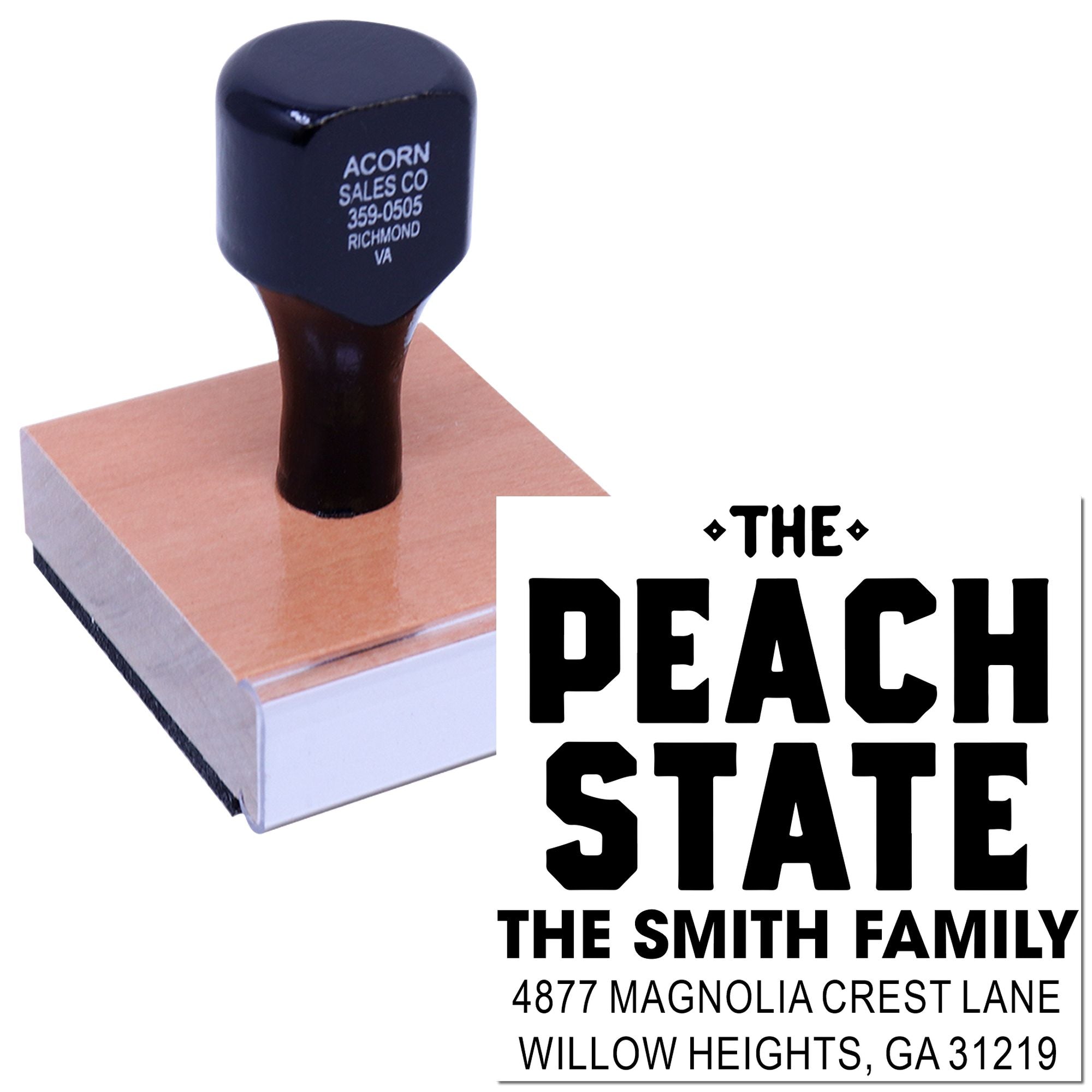 Custom address rubber stamp for The Smith Family, featuring a personalized return address in Willow Heights, GA.