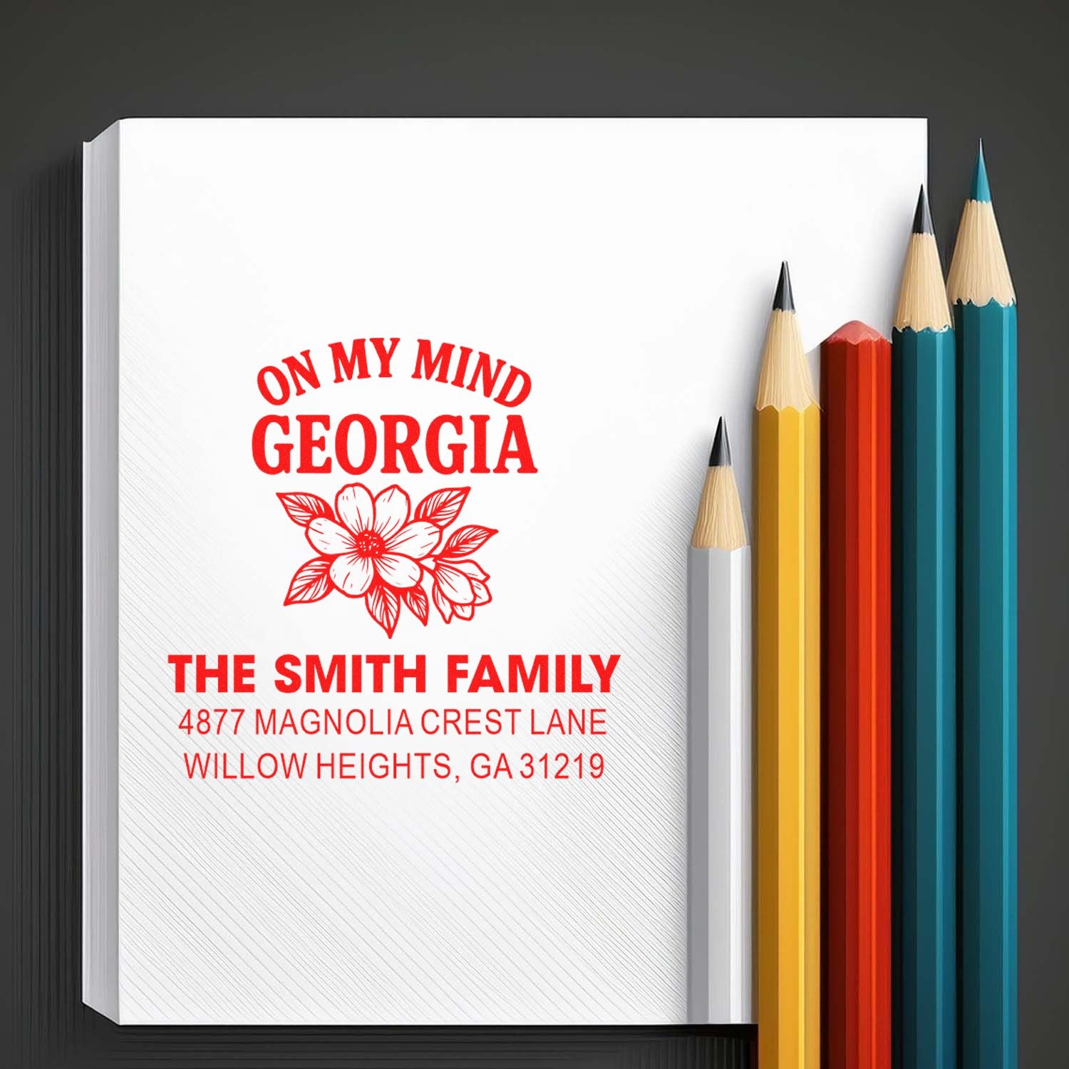 Personalized Georgia return address rubber stamp with floral design for The Smith Family.