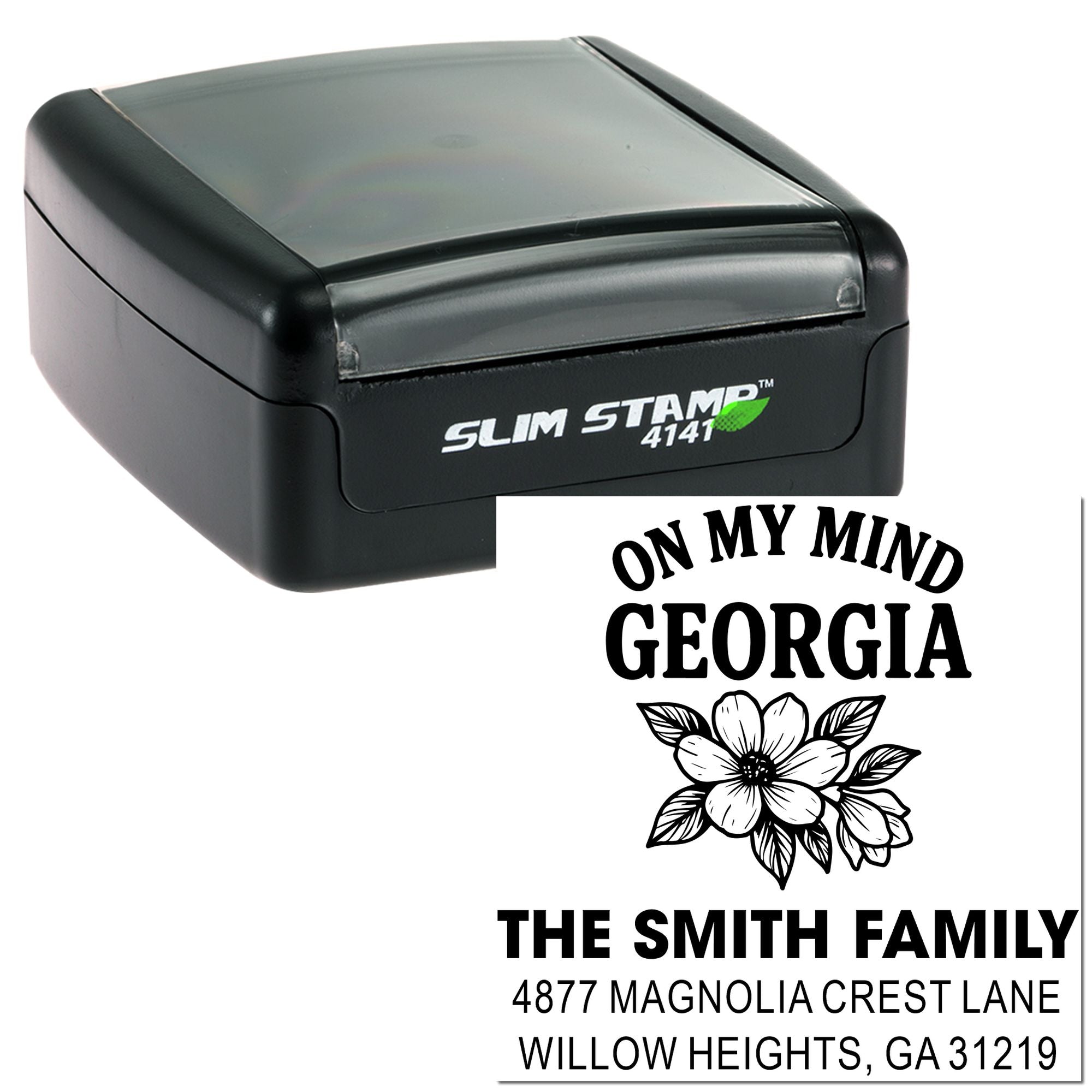 Slim Stamp 4141 self-inking personalized address rubber stamp with decorative floral On My Mind Georgia family return address design.