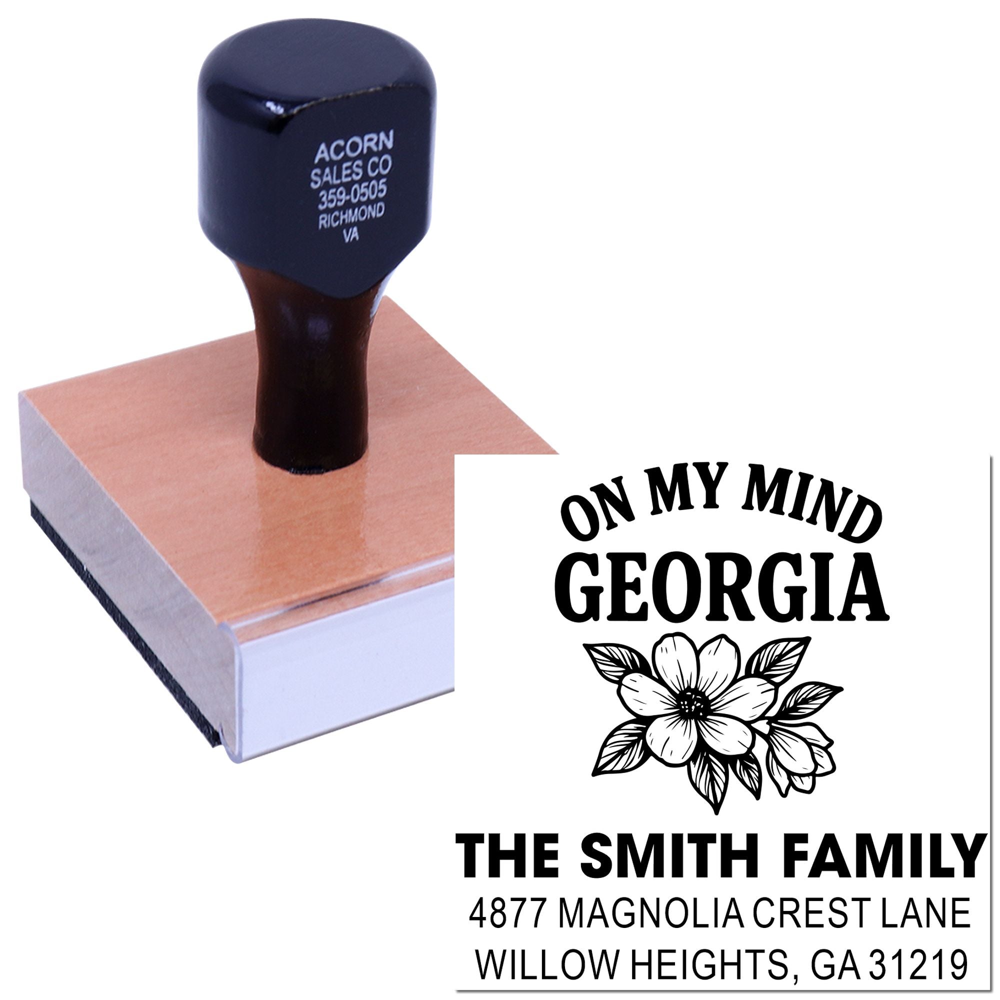 Custom personalized return address rubber stamp for The Smith Family, with On My Mind Georgia floral design.