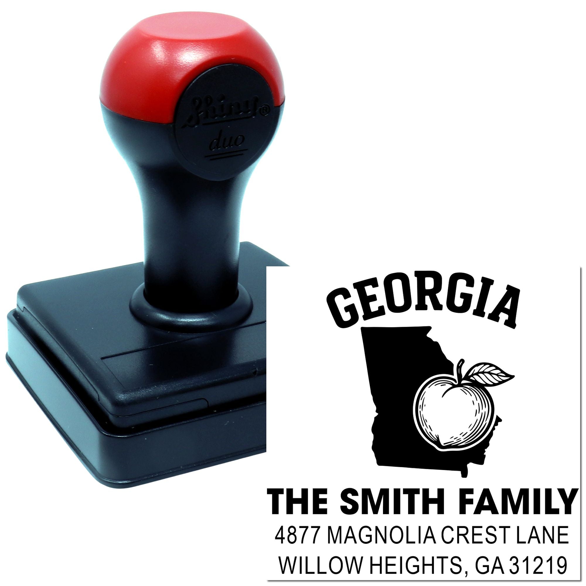 Custom Georgia address rubber stamp, self-inking family return address stamp for mail, envelopes, and packaging.