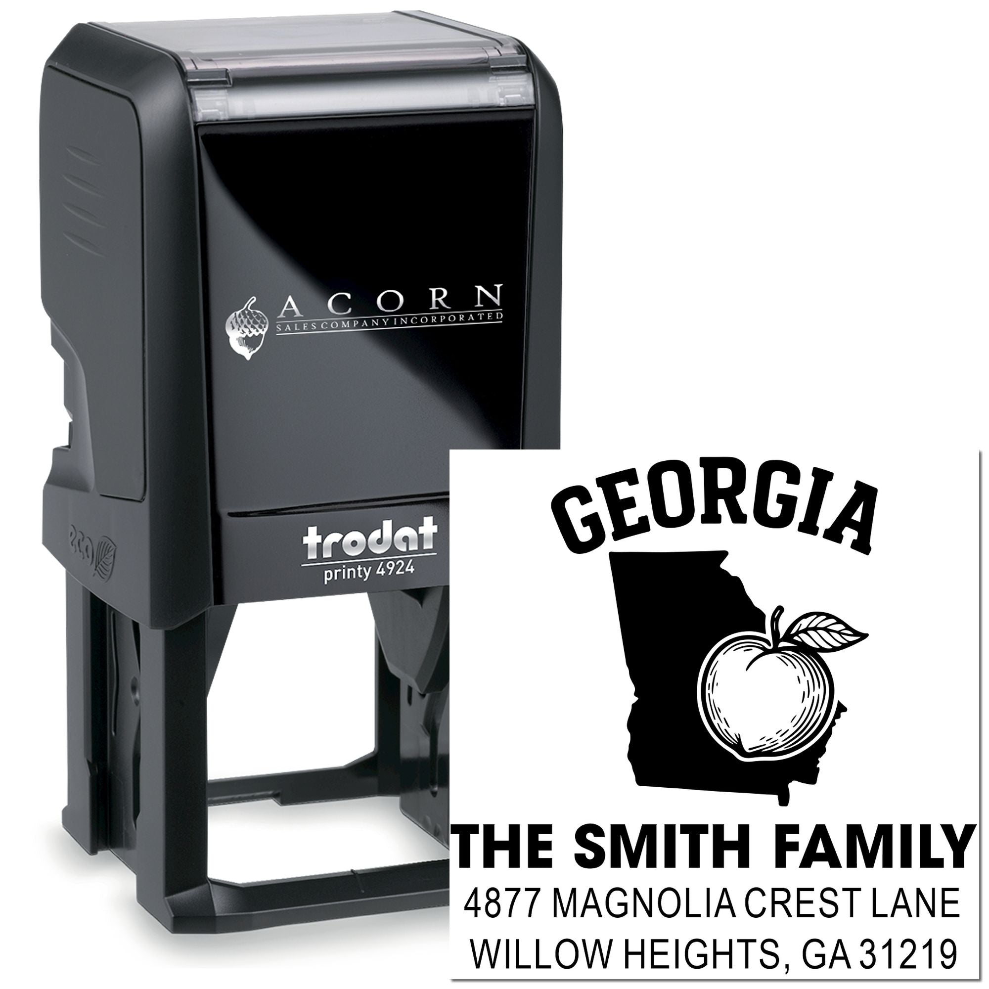 Custom Georgia self-inking rubber stamp with family name, address and peach design for return mail and business branding.