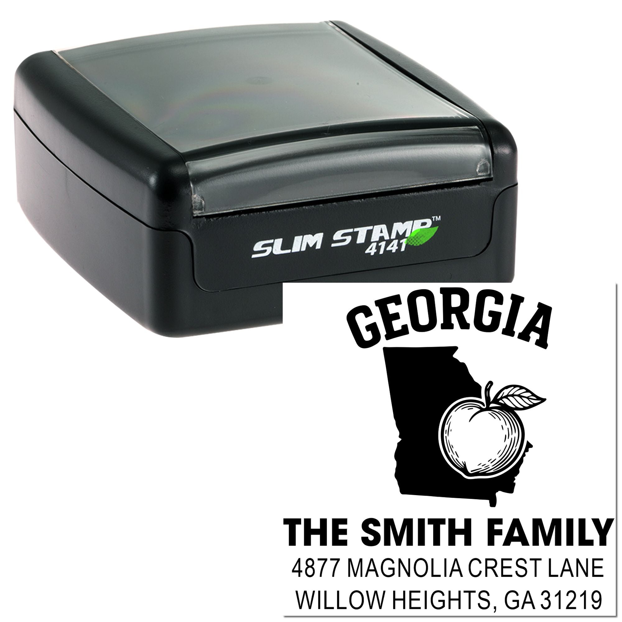 Custom Georgia self-inking return address rubber stamp with state silhouette and peach design for The Smith Family.