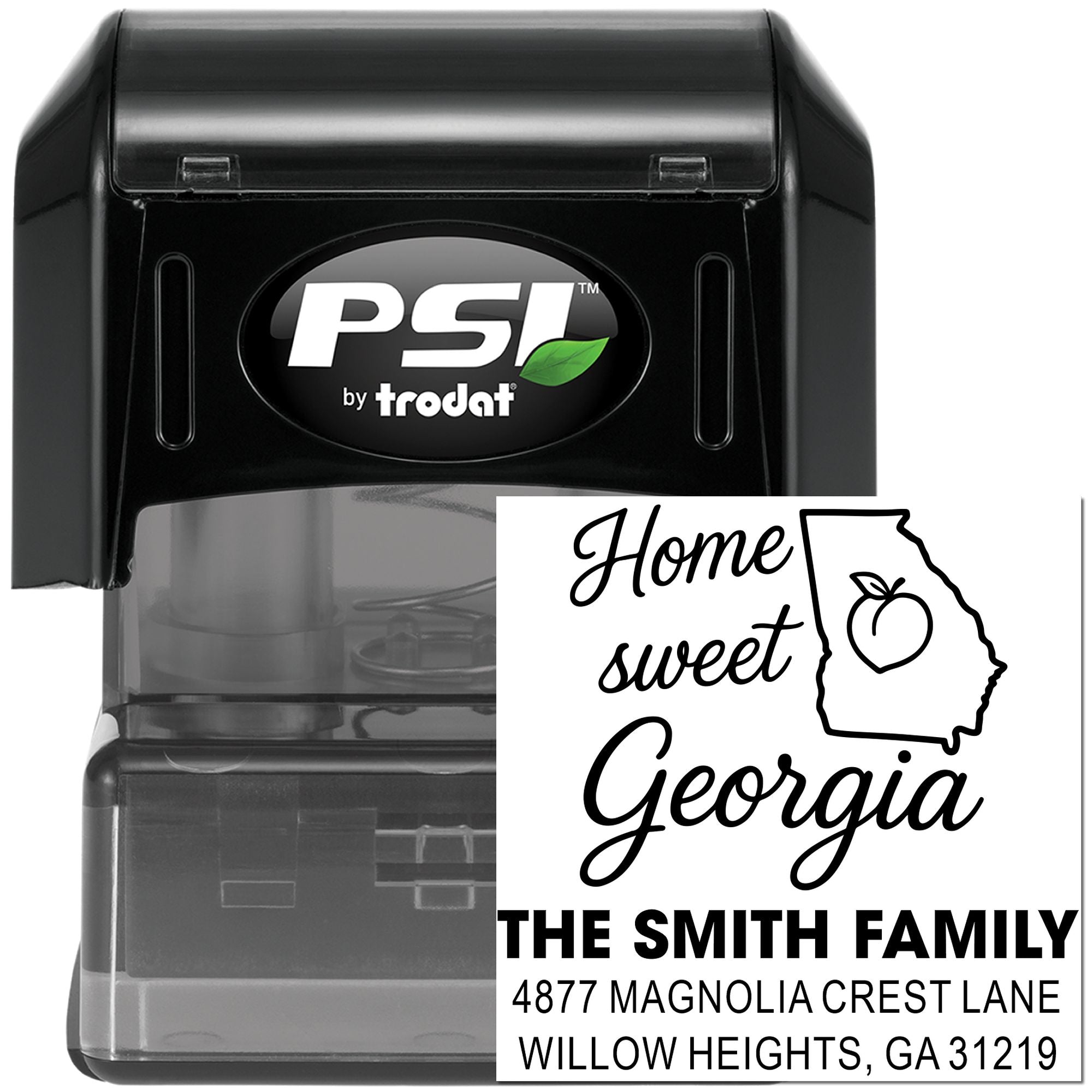 Custom self-inking rubber address stamp with Georgia Home Sweet Georgia design and family return address.