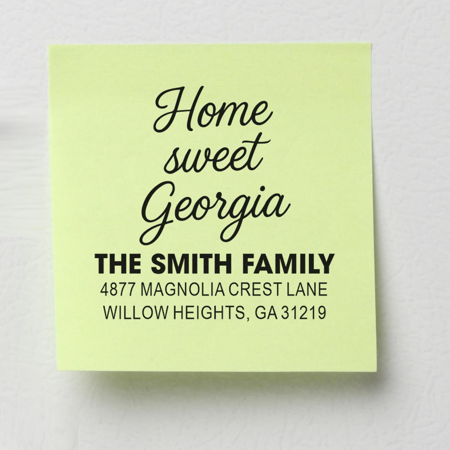 Custom return address rubber stamp with Home sweet Georgia and Smith family address for personalized mailings.