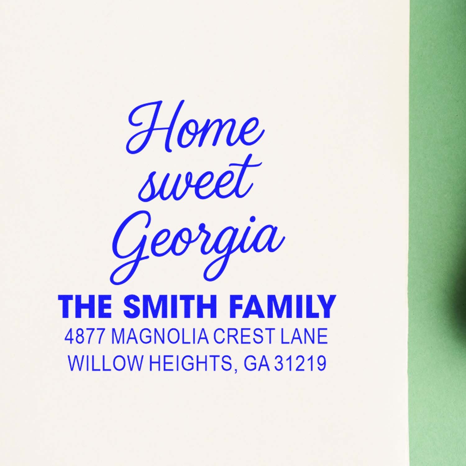 Custom Home Sweet Georgia return address rubber stamp for The Smith Family, Willow Heights, GA.