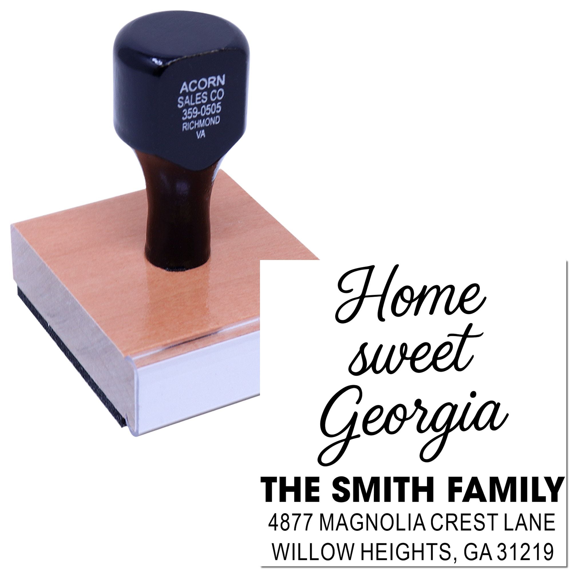 Custom rubber return address stamp with Home Sweet Georgia design for The Smith Family, Willow Heights, GA.