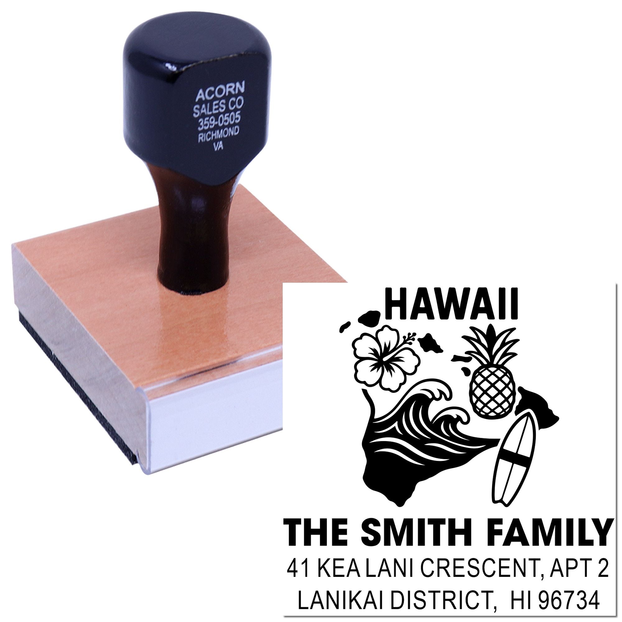 Custom self-inking Hawaii address rubber stamp with tropical family design for personalized mailing.
