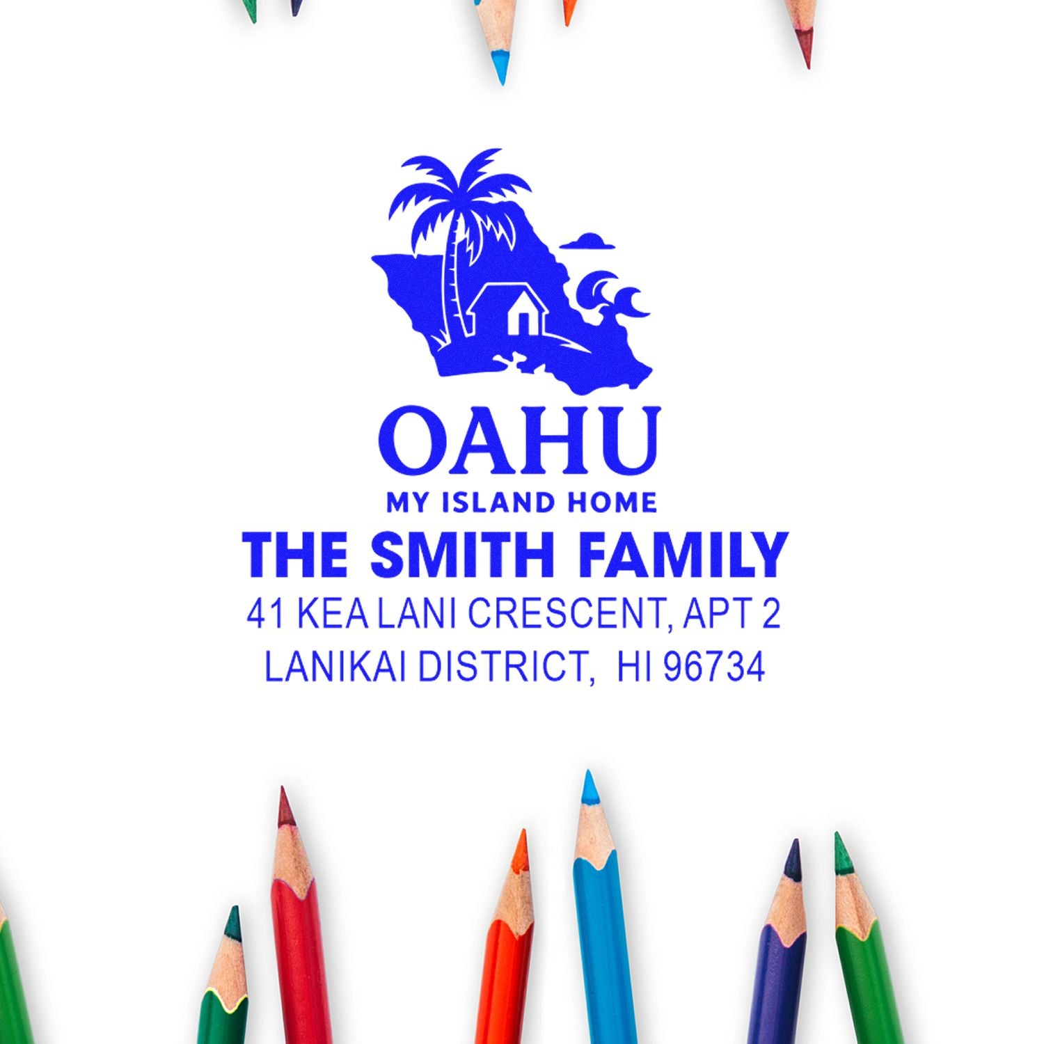 Custom Oahu address rubber stamp with Hawaii island logo for The Smith Family mailing label