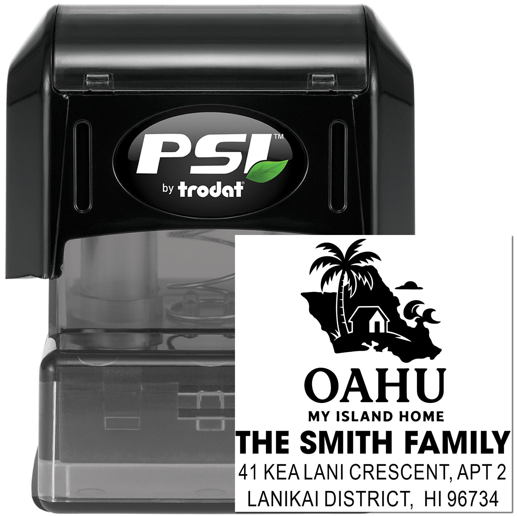 Custom self-inking rubber address stamp for Oahu family home, PSI by Trodat, with palm tree design.