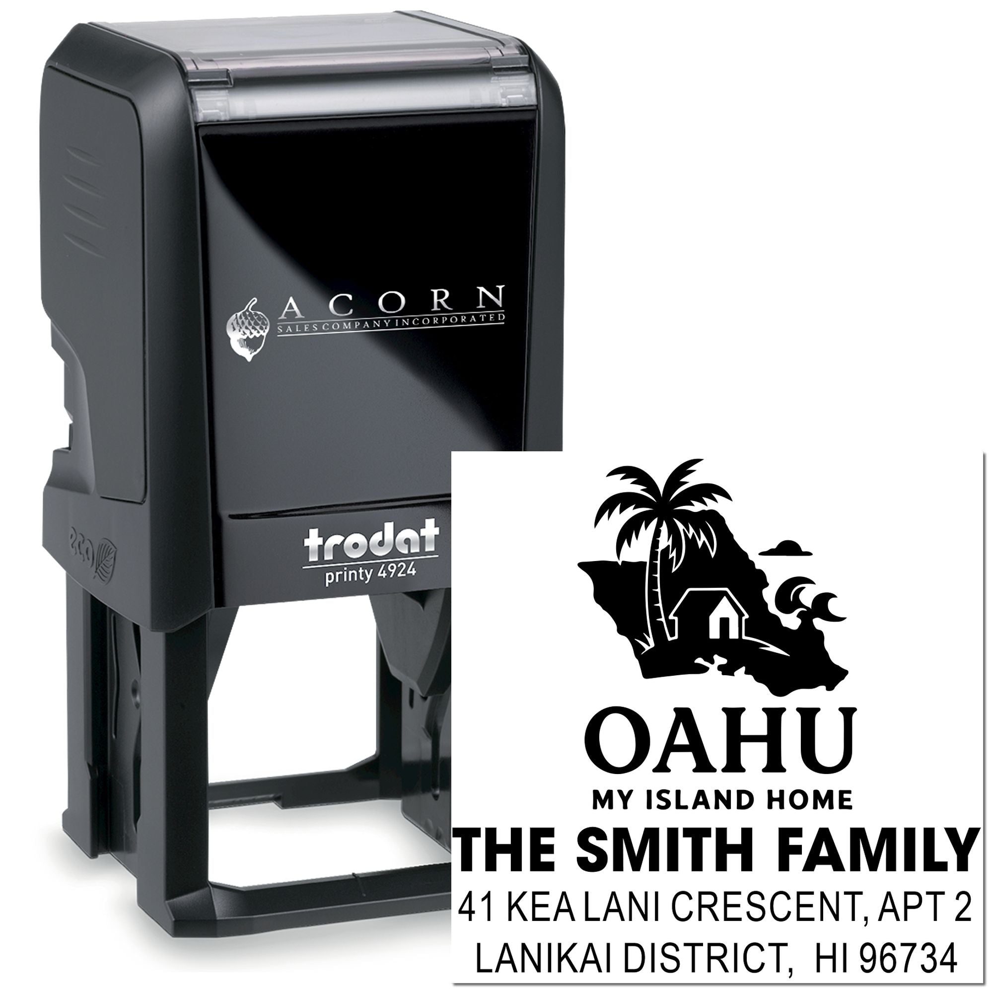 Custom self-inking rubber stamp with Oahu return address design for The Smith Family home and mailing labels.