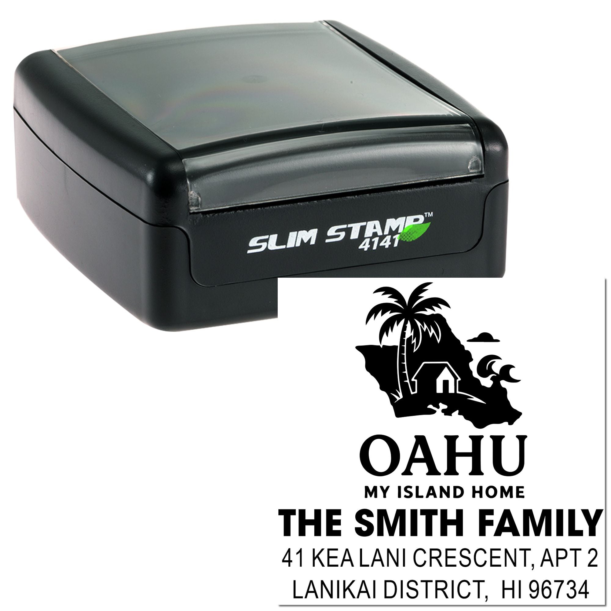 Custom self-inking rubber return address stamp with Oahu island home design for The Smith Family.