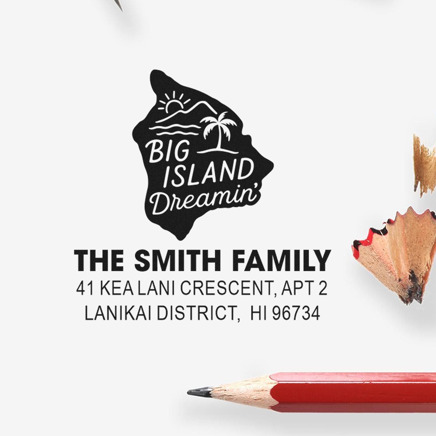 Custom rubber address stamp with Big Island Hawaii design and The Smith Family return address