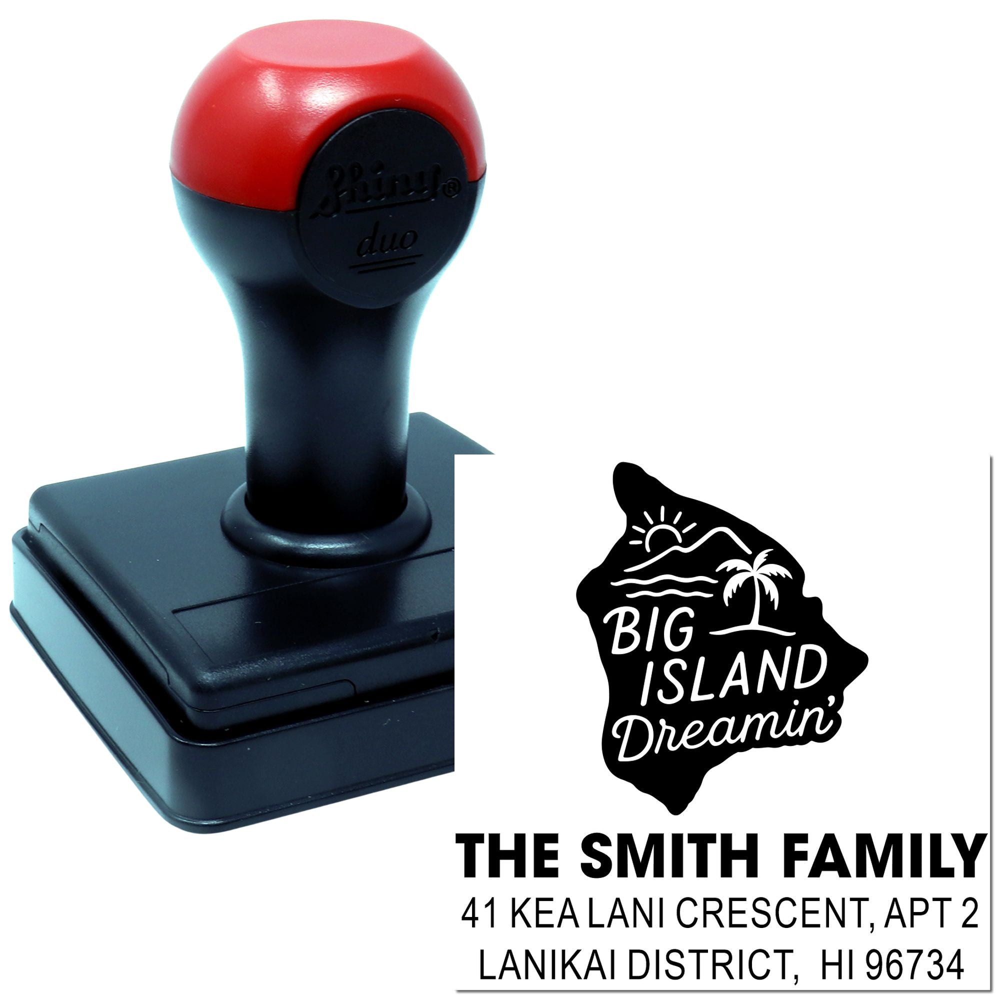 Custom self-inking rubber stamp for return address labels, featuring Big Island Dreamin' logo and The Smith Family address.