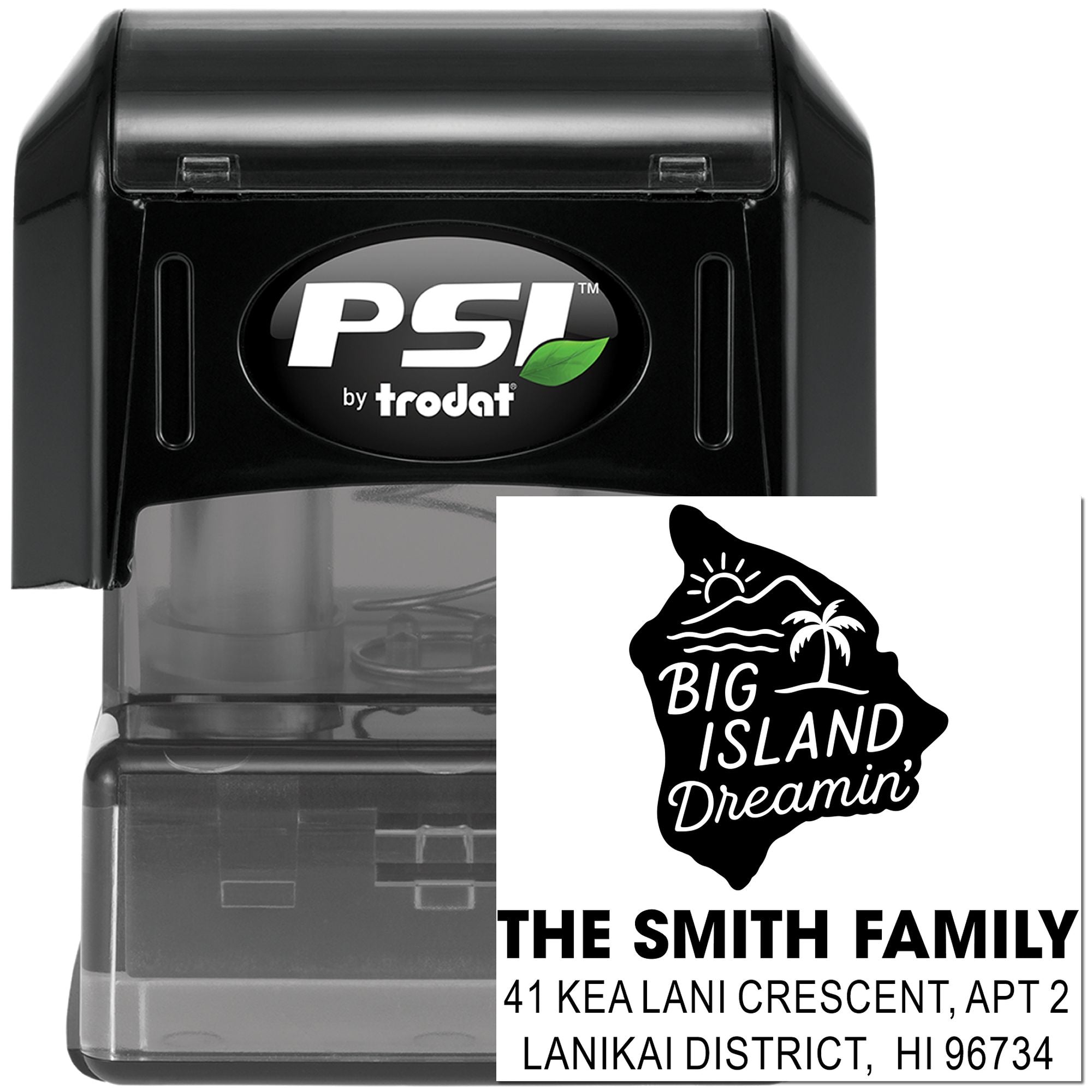 Custom self-inking rubber address stamp with Big Island Dreamin' design and The Smith Family Hawaii return address.