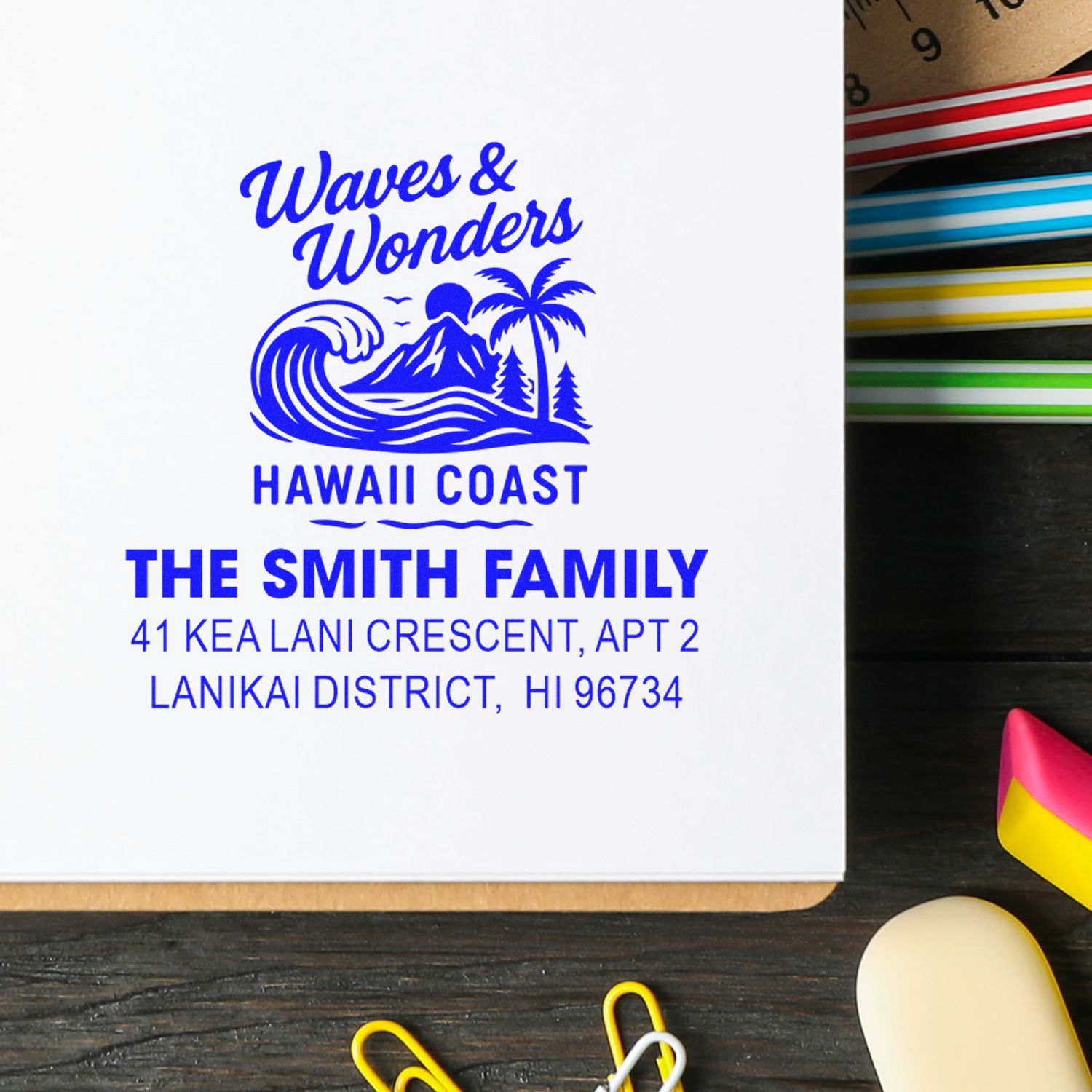 Custom Hawaii coast rubber address stamp for The Smith Family with Waves & Wonders logo and return address.