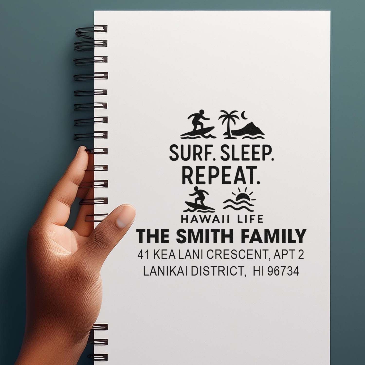 Custom rubber stamp design with Surf, Sleep, Repeat Hawaii life theme for The Smith Family personalized address stamp.
