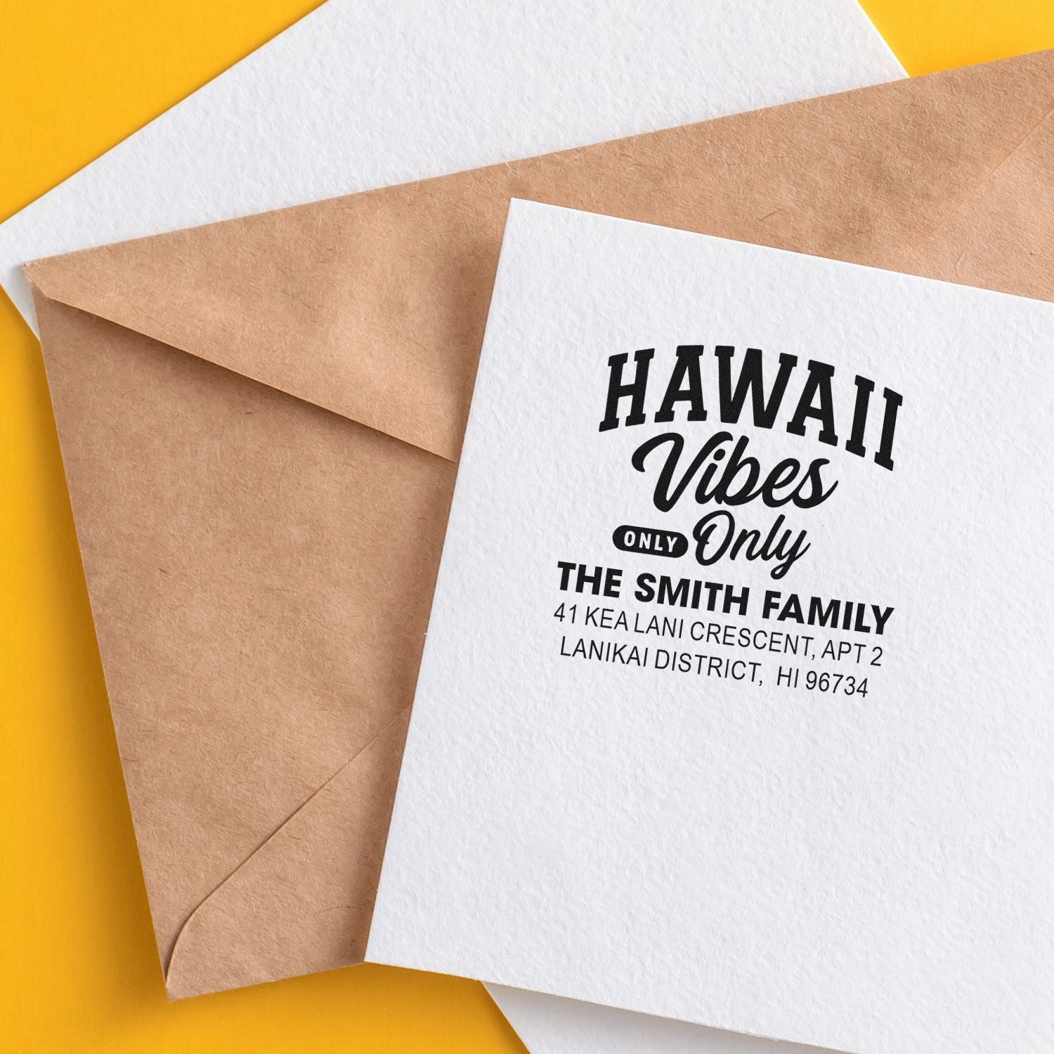 Custom return address rubber stamp featuring a Hawaii Vibes Only design for The Smith Family mailing envelopes.
