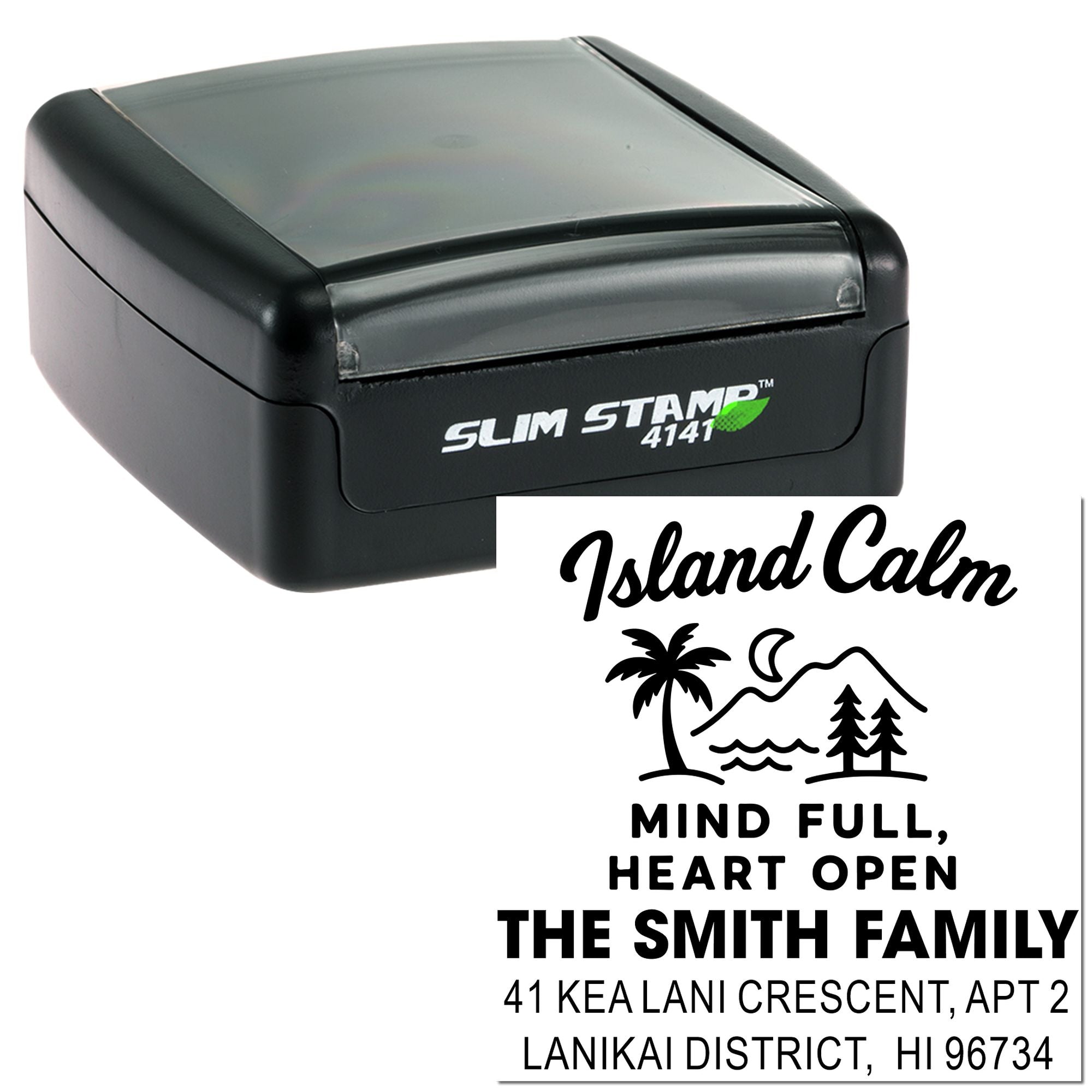 Custom self-inking Slim Stamp 4141 rubber stamp with tropical return address design for The Smith Family, Lanikai, HI