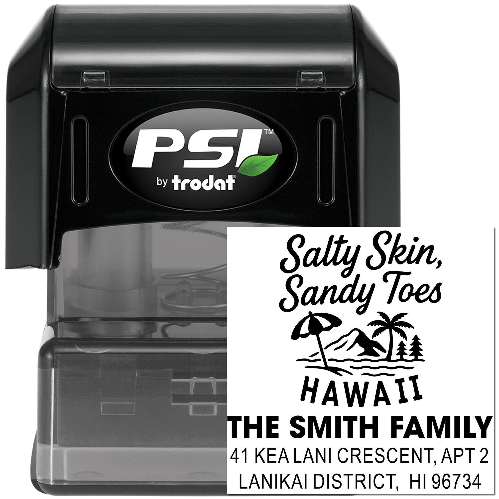 Custom self-inking rubber stamp with Hawaii beach-themed return address for The Smith Family.