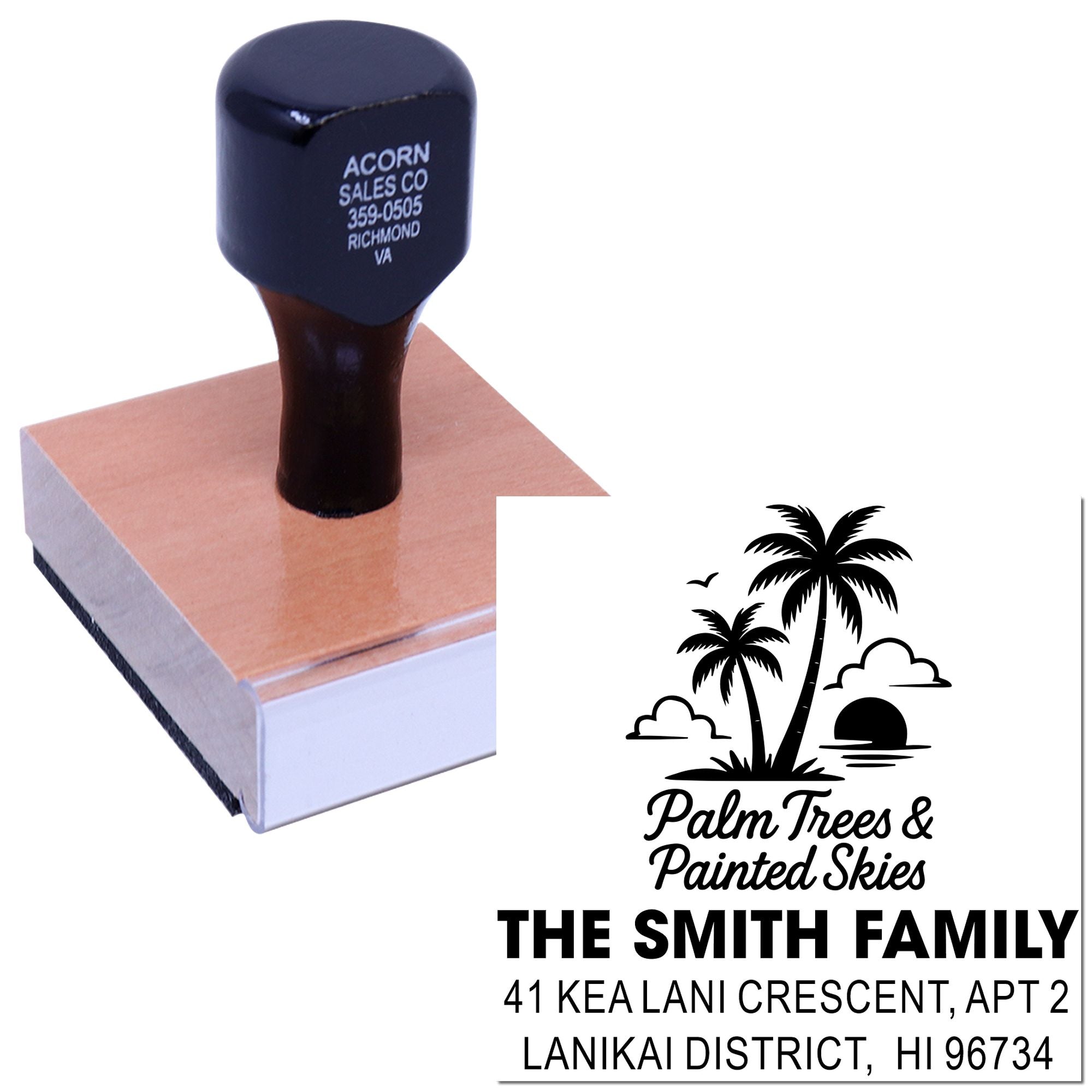 Custom tropical return address rubber stamp with palm tree design for family mailings and wedding invitations.