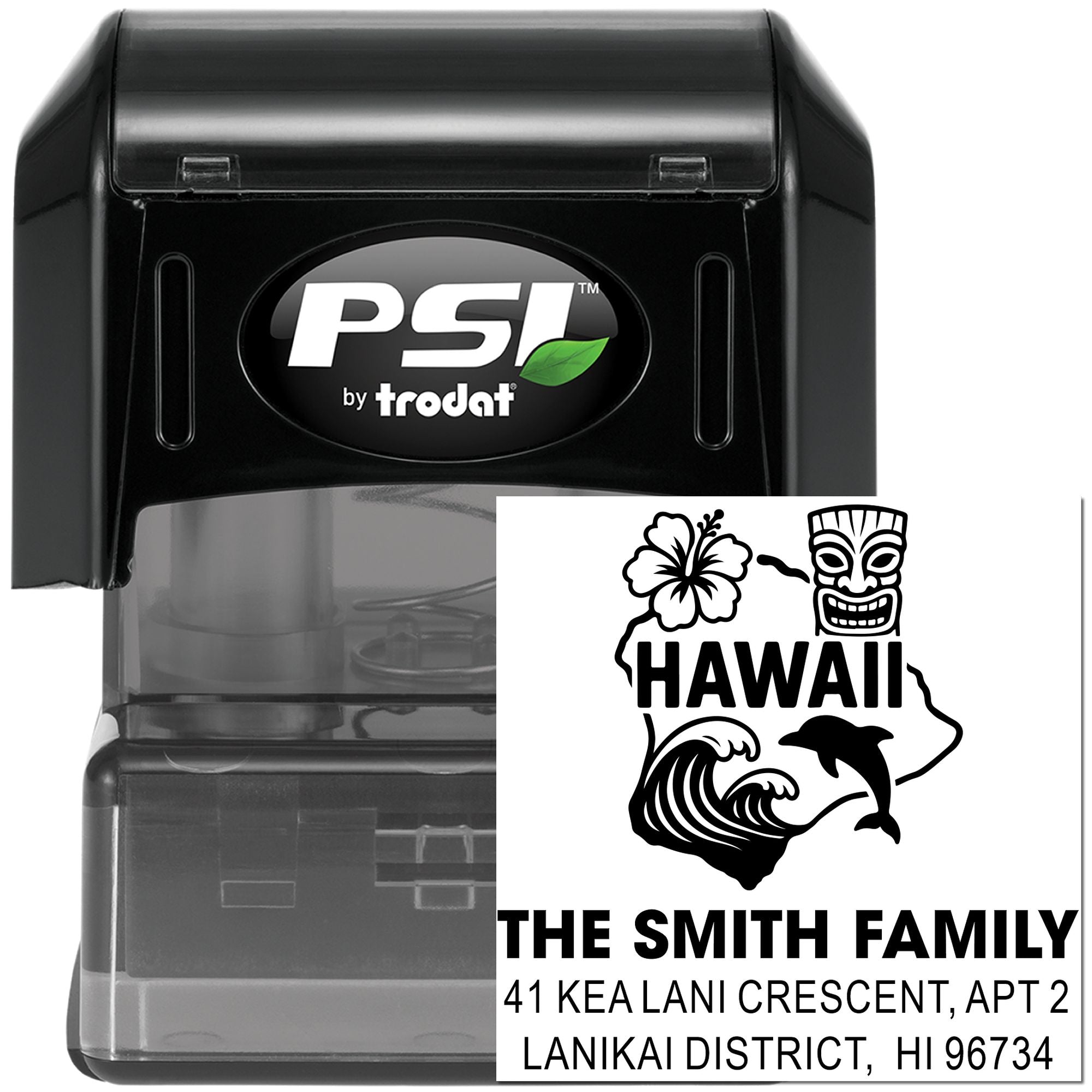PSI by Trodat custom Hawaii self-inking address stamp with tiki, hibiscus and wave design for The Smith Family.