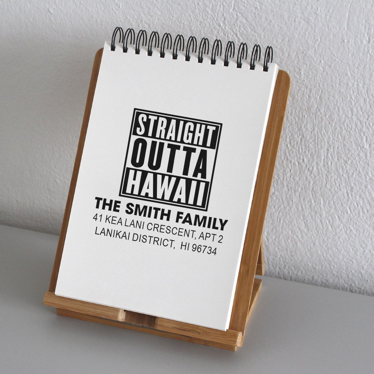 Custom rubber address stamp with Straight Outta Hawaii design for The Smith Family, personalized return address stamp.