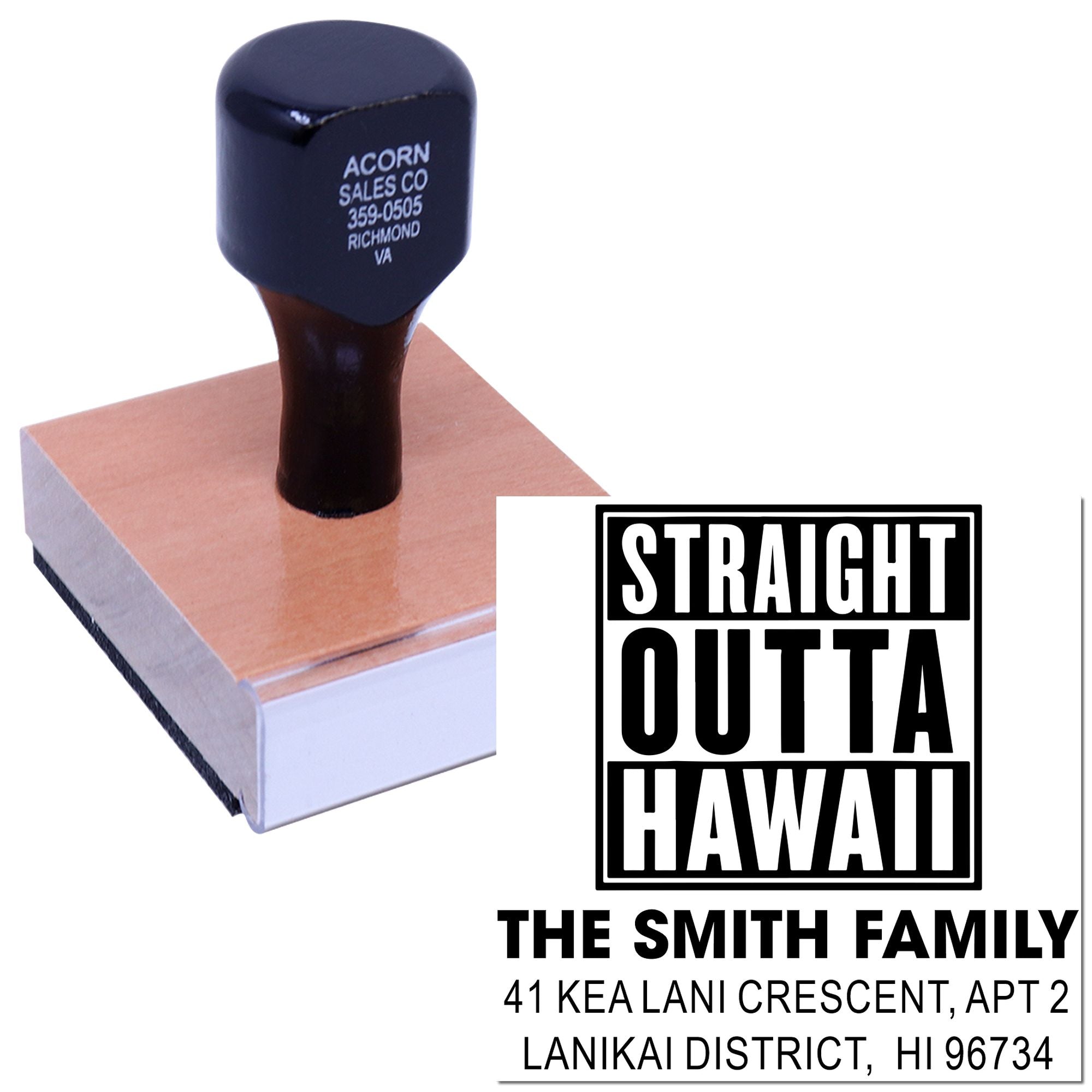 Personalized rubber stamp with Straight Outta Hawaii design for The Smith Family return address.