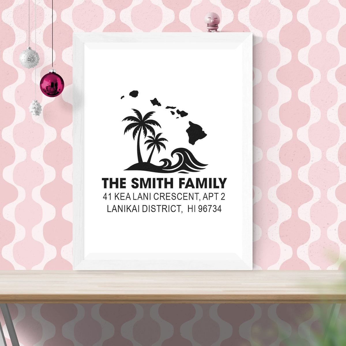 Custom Hawaii address rubber stamp with family name, island palm design, and personalized return address for envelopes.