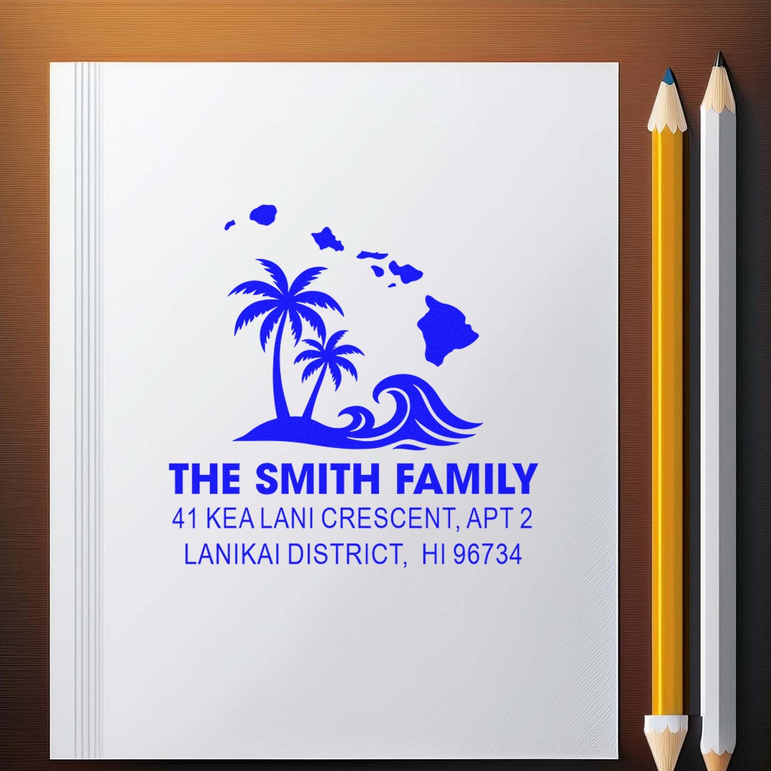 Custom Hawaiian family address rubber stamp with palm trees, waves, and island design for return envelopes.