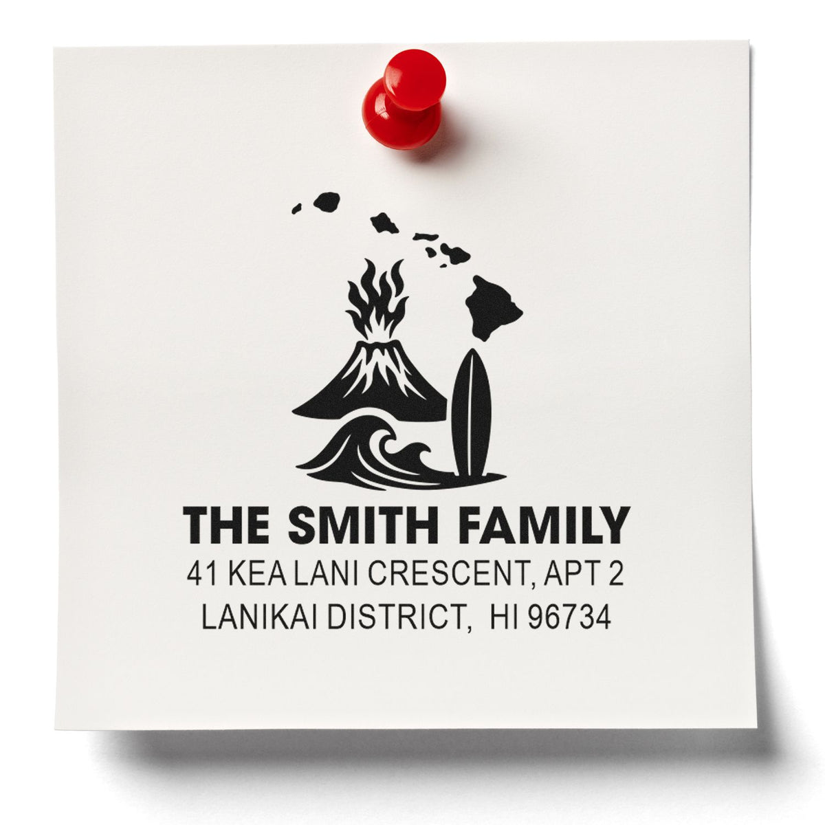 Personalized return address rubber stamp with Hawaii volcano and surfboard motif for The Smith Family.