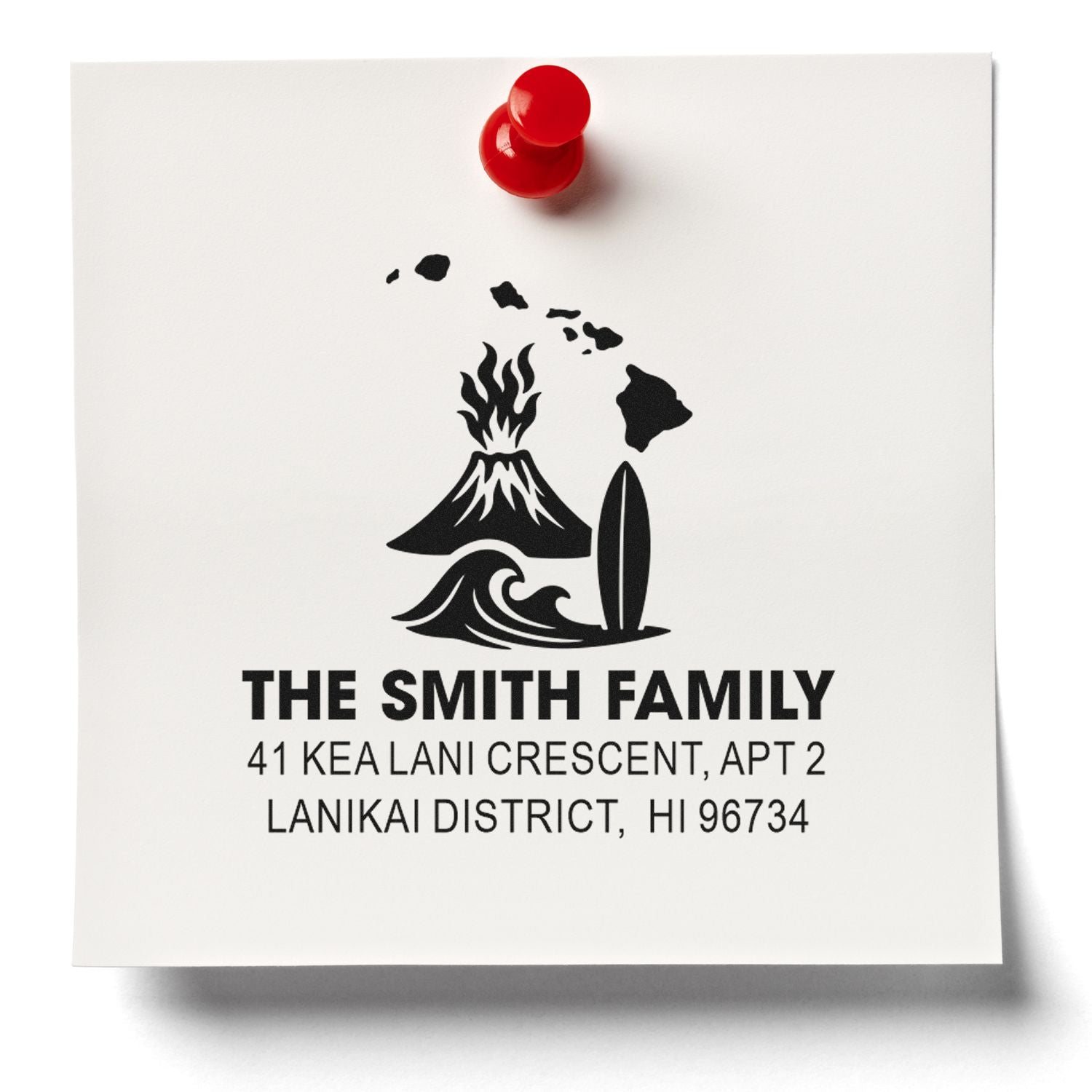 Personalized family return address rubber stamp with Hawaii volcano, wave and surfboard design for mailing and stationery.