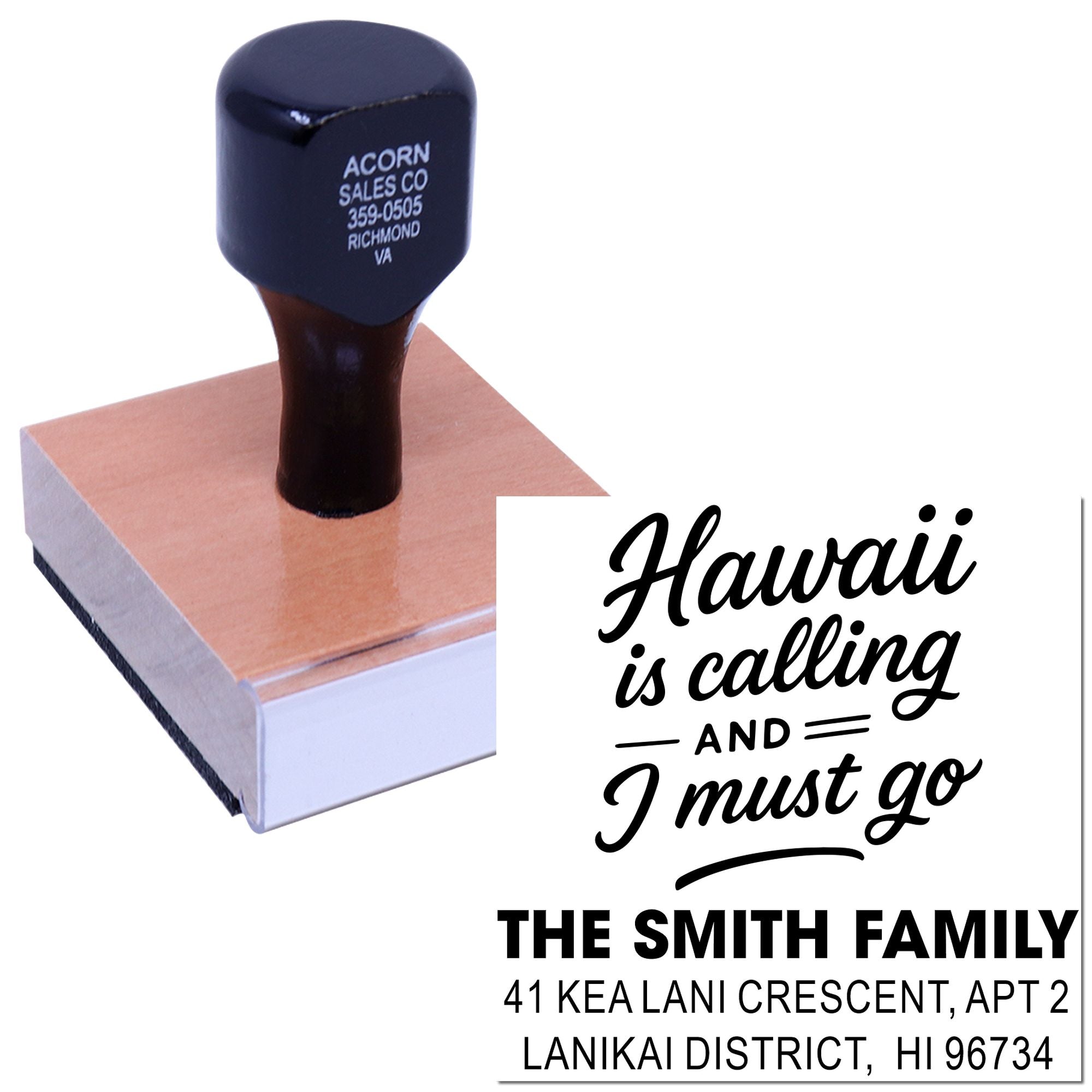 Custom return address rubber stamp with Hawaii is calling design for The Smith Family, ideal for personalized mail.